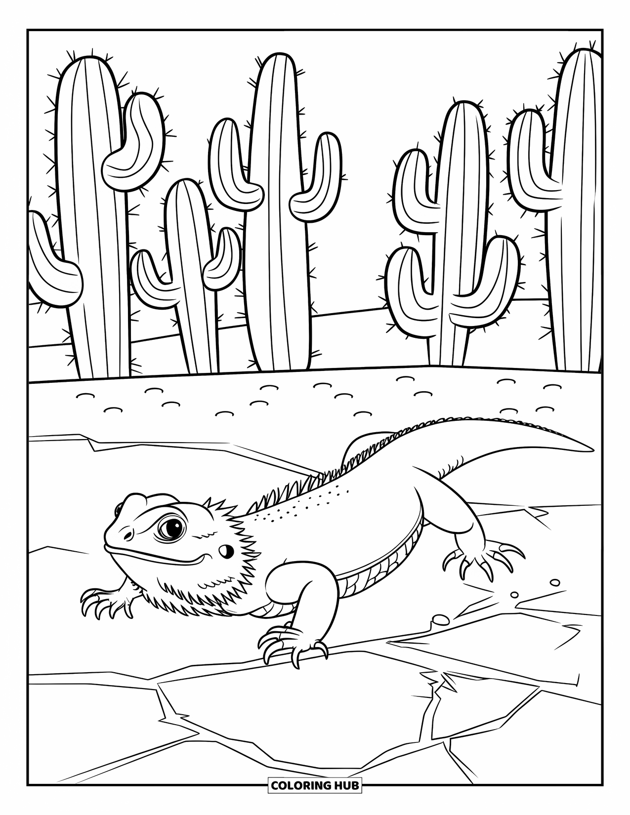 Bearded Dragon Coloring Page for Kids: A bearded dragon leaves tracks on cracked earth near tall desert cacti