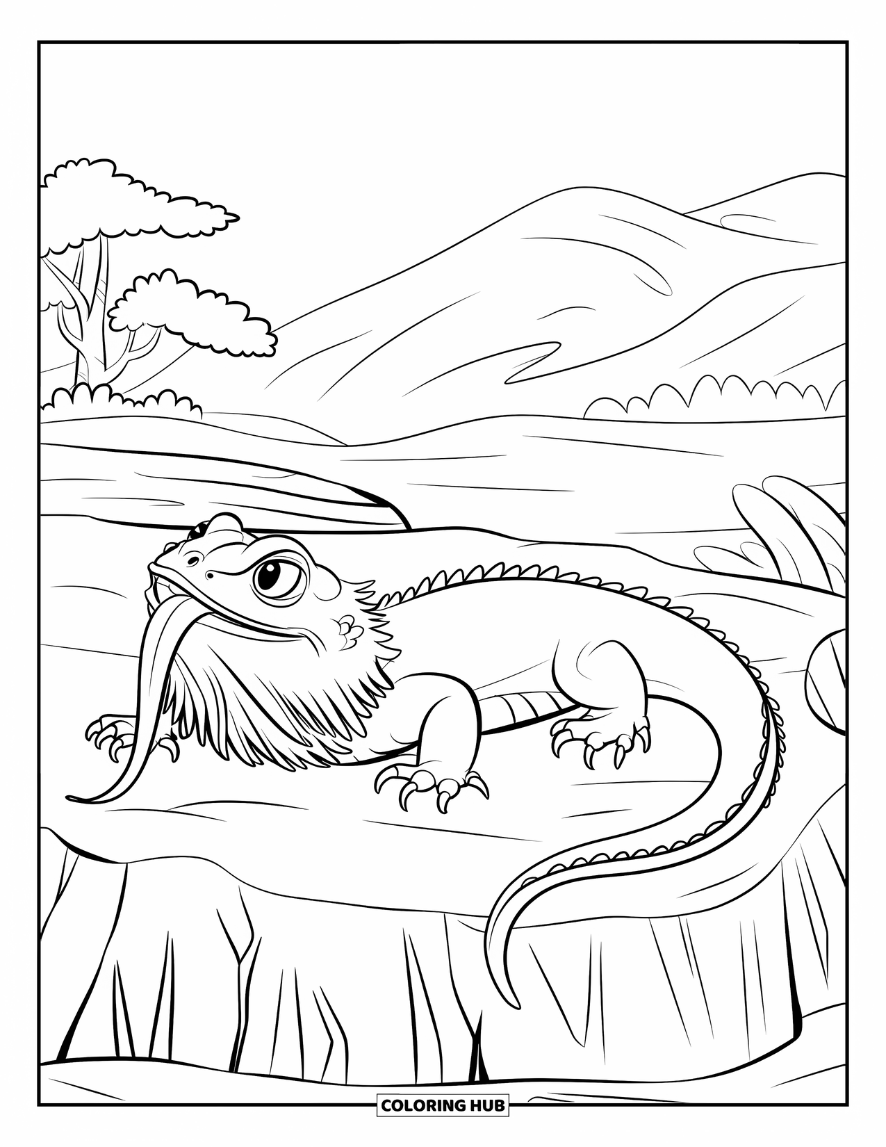 Bearded Dragon Coloring Page for Kids: A bearded dragon lies on a warm rock with its tongue sticking out