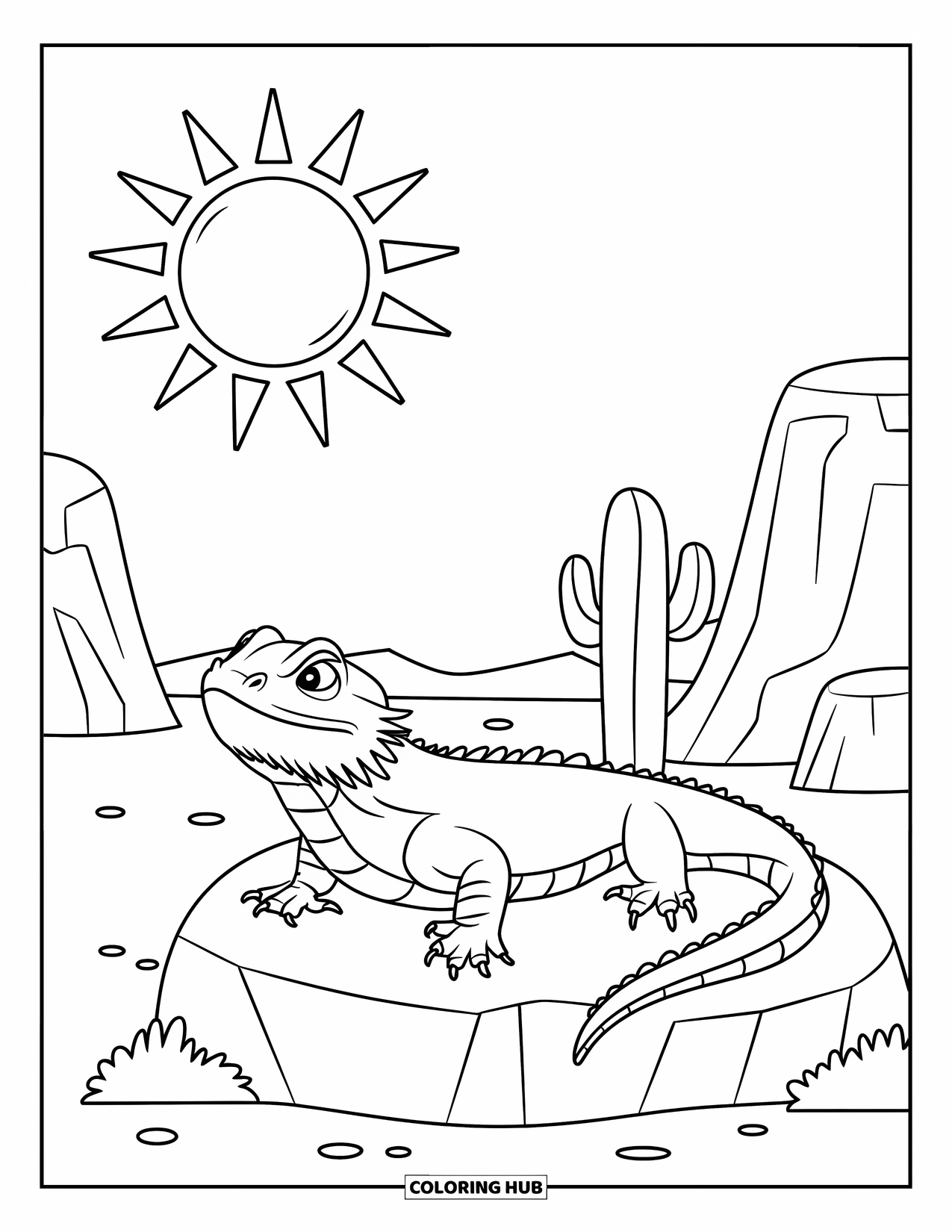 Bearded Dragon Coloring Page for Kids: A bearded dragon rests on a rock beside a cactus and sandy hills