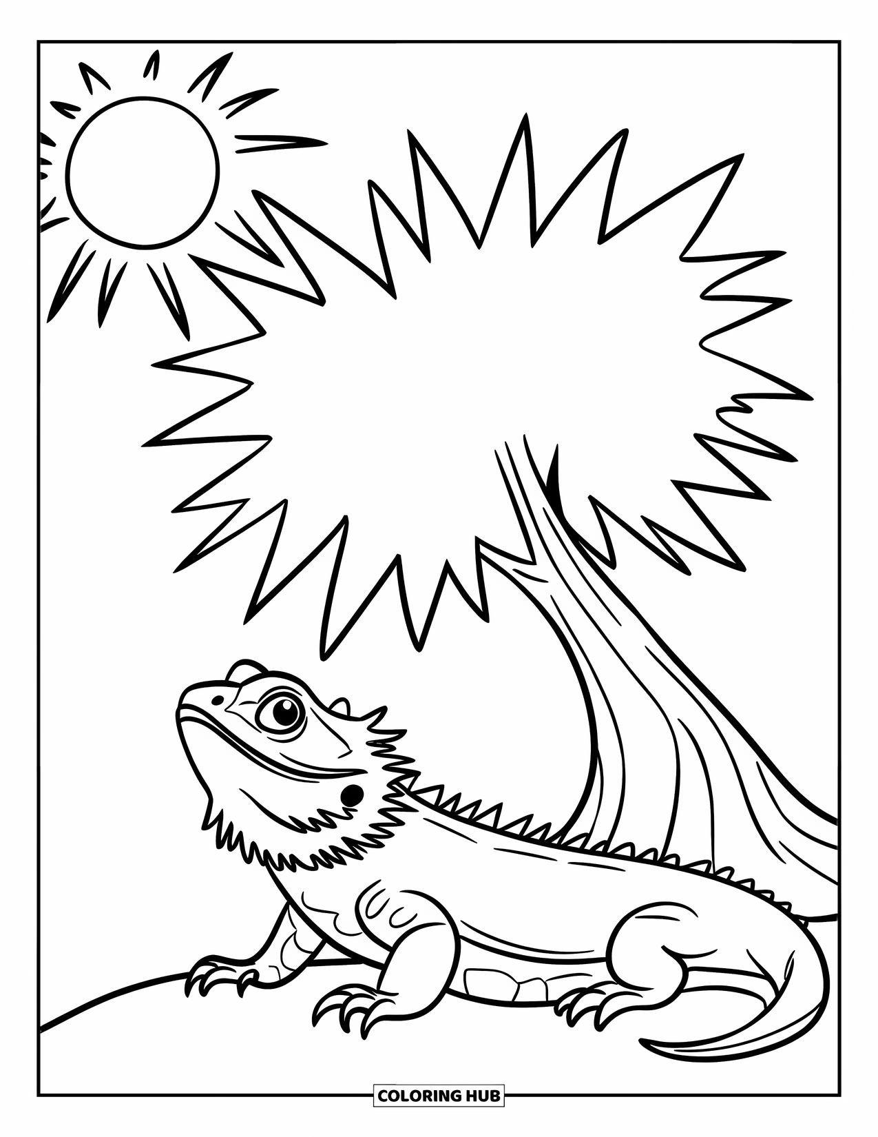 Bearded Dragon Coloring Page for Kids: A bearded dragon rests under a spiky tree with sunshine overhead