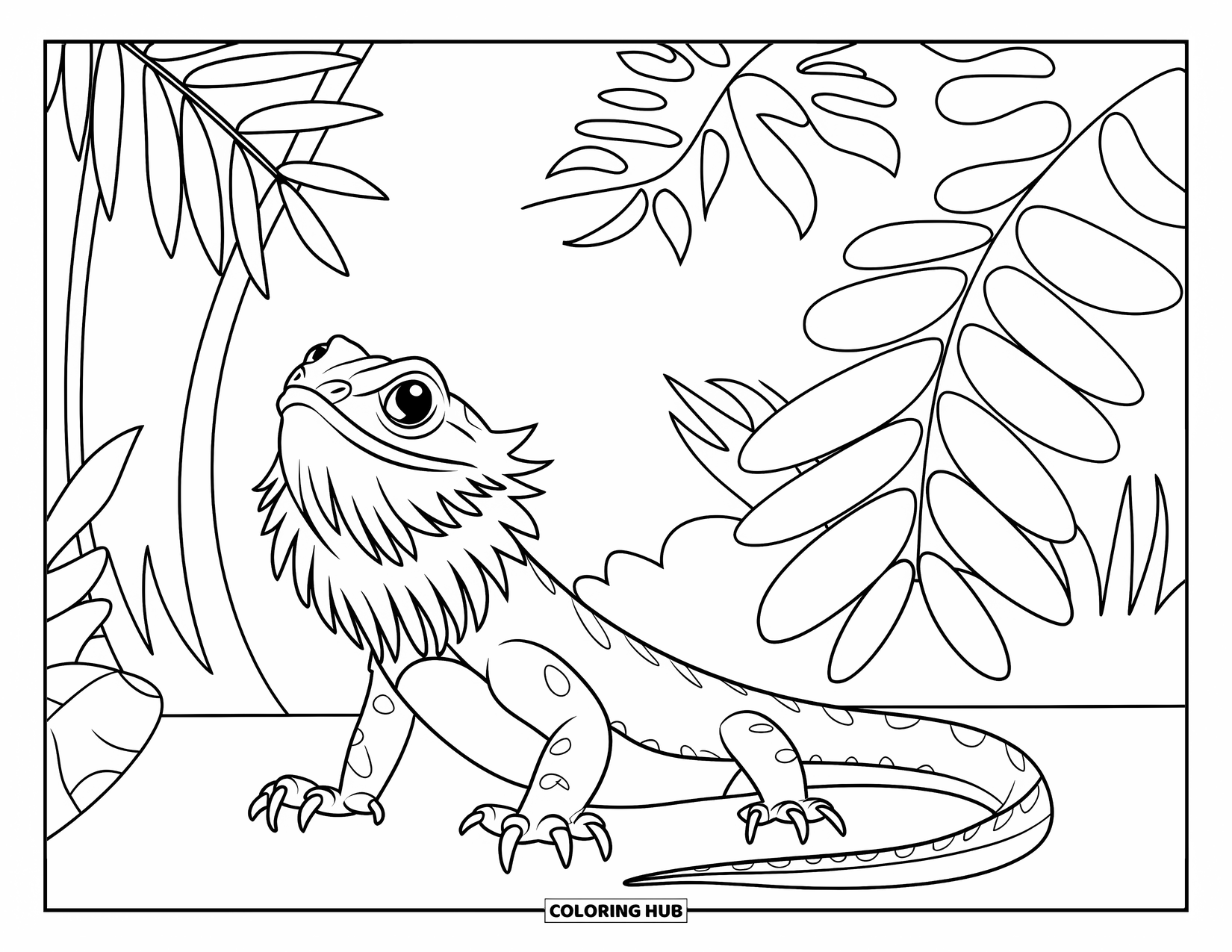 Bearded Dragon Coloring Page for Kids: A bearded dragon sits calmly among tall ferns and leafy plants