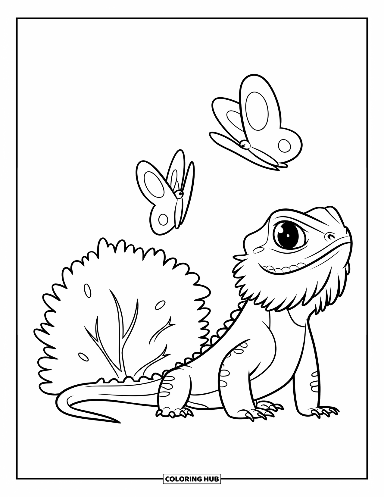 Bearded Dragon Coloring Page for Kids: A bearded dragon sits near a bush with butterflies flying nearby