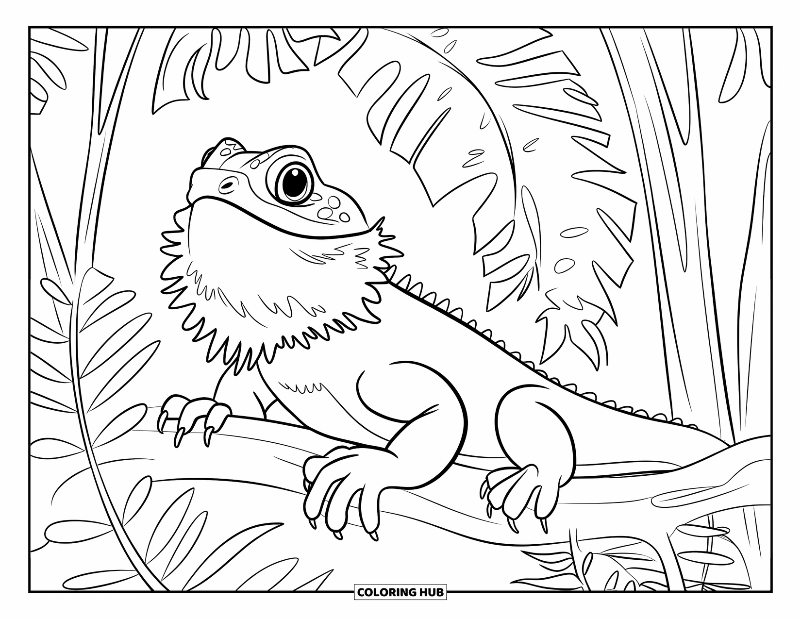 Bearded Dragon Coloring Page for Kids: A bearded dragon with an open mouth sits on a branch in leafy forest