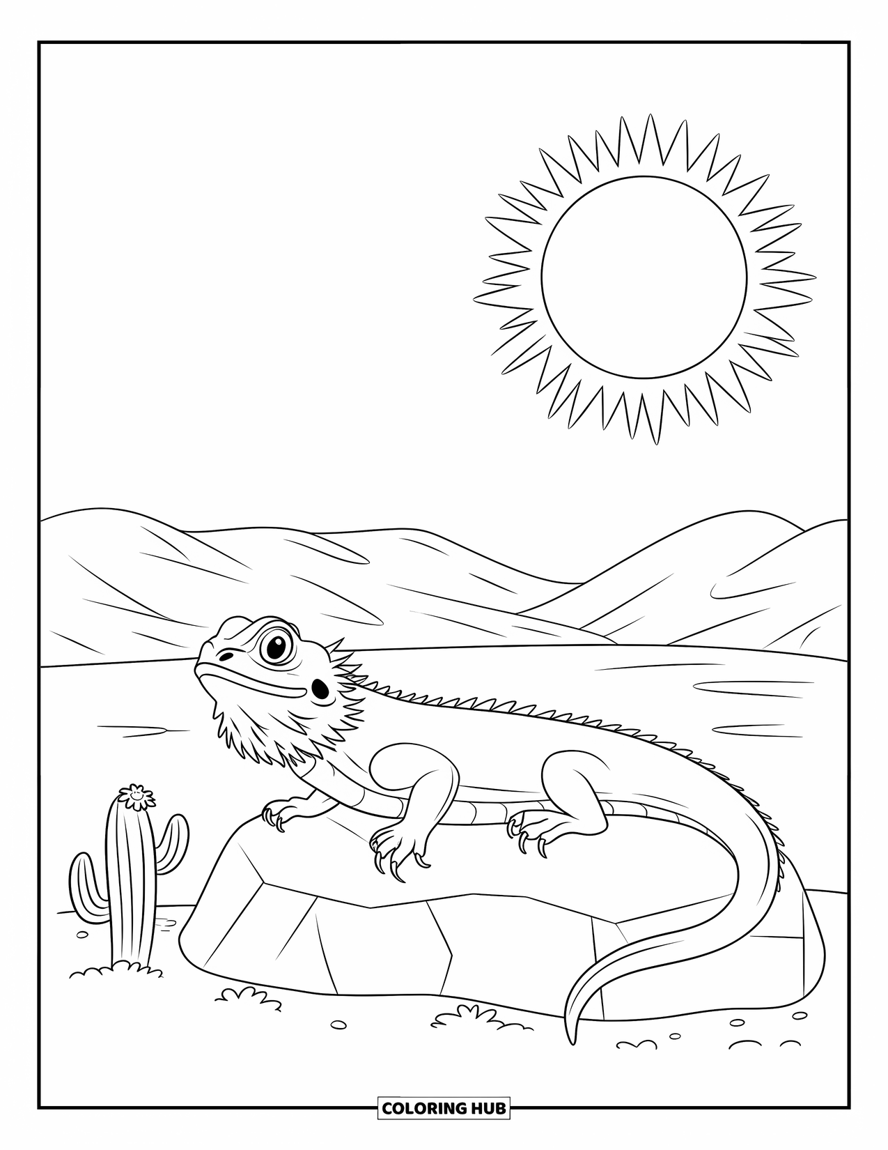 Bearded Dragon Coloring Page for Kids: A dragon basks on a rock under a hot desert sun with a cactus