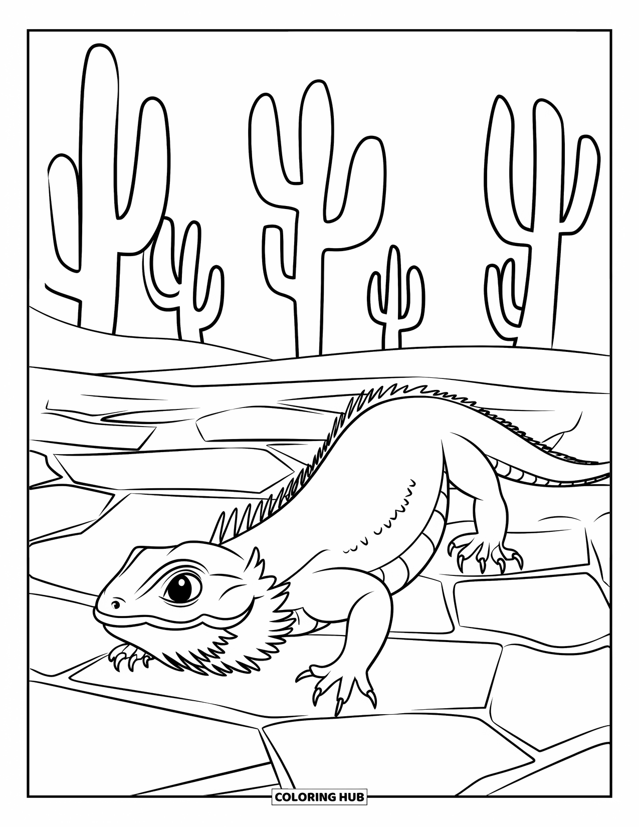 Bearded Dragon Coloring Page for Kids: A dragon crawls across cracked desert earth toward a cactus forest