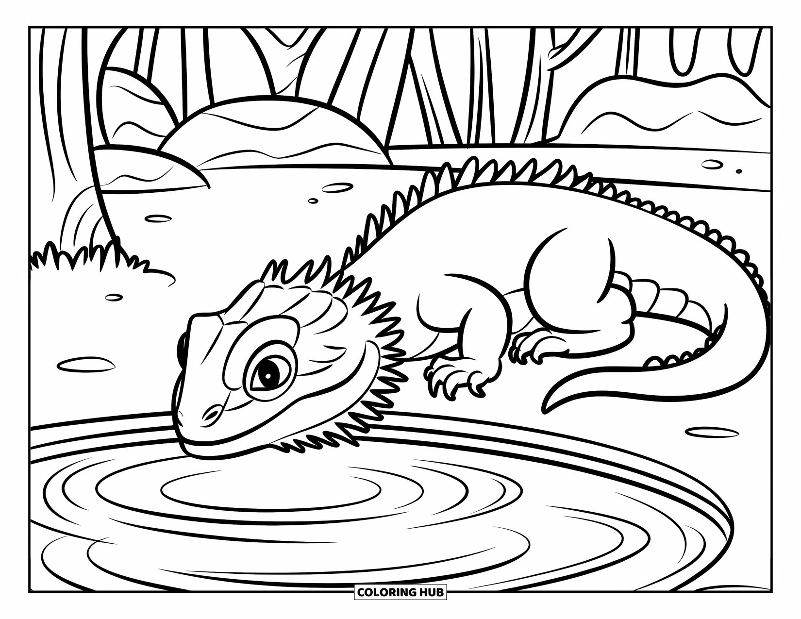 Bearded Dragon Coloring Page for Kids: A dragon looks into a pond as ripples spread and trees reflect