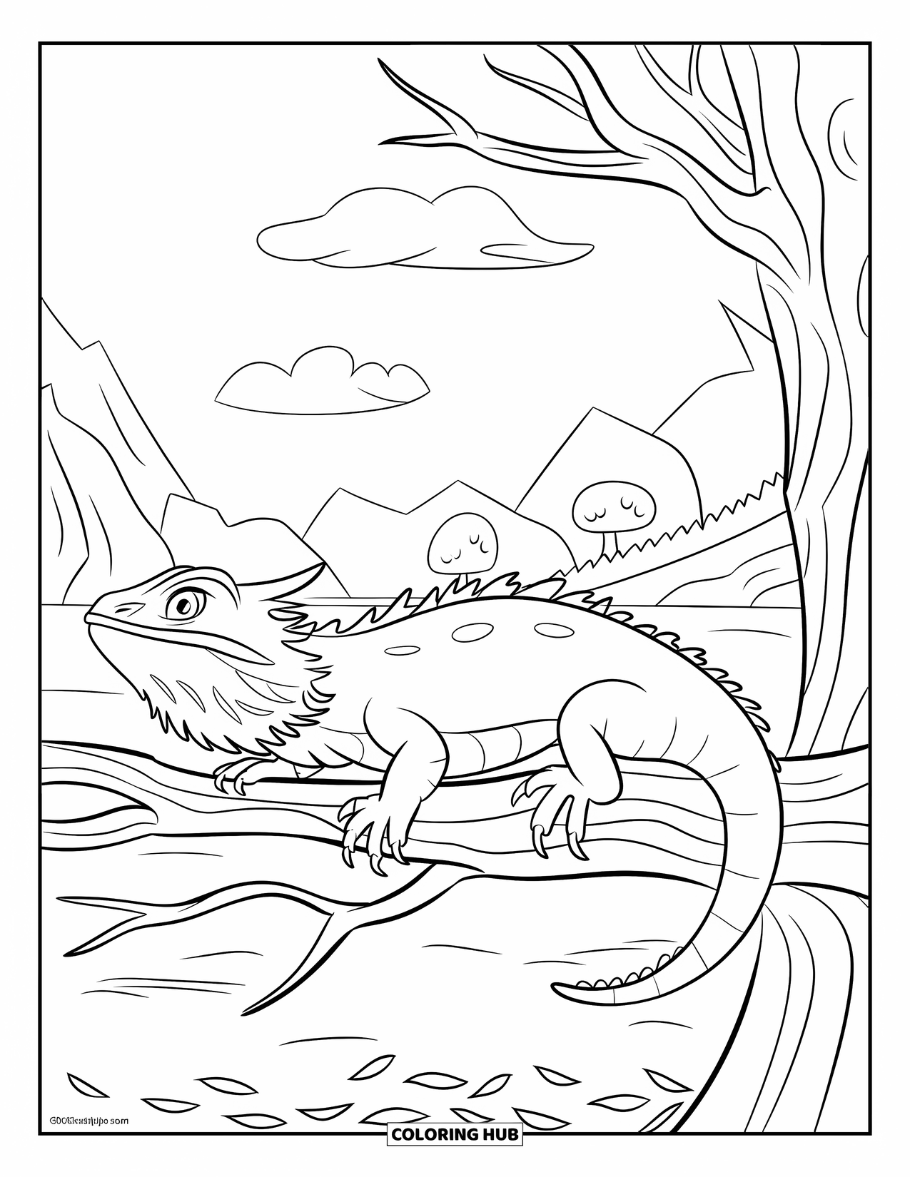 Bearded Dragon Coloring Page for Kids: A dragon rests on a windy branch above a lake and mountains