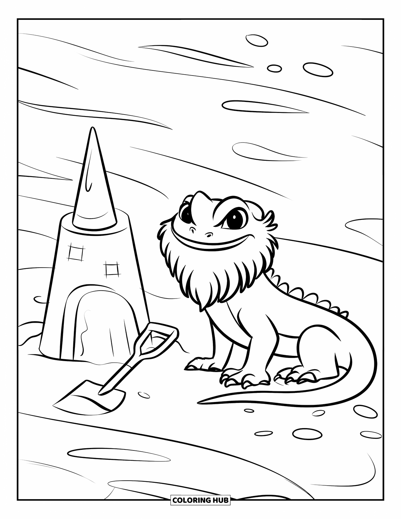 Bearded Dragon Coloring Page for Kids: A dragon sits beside a sandcastle with a toy shovel on the beach