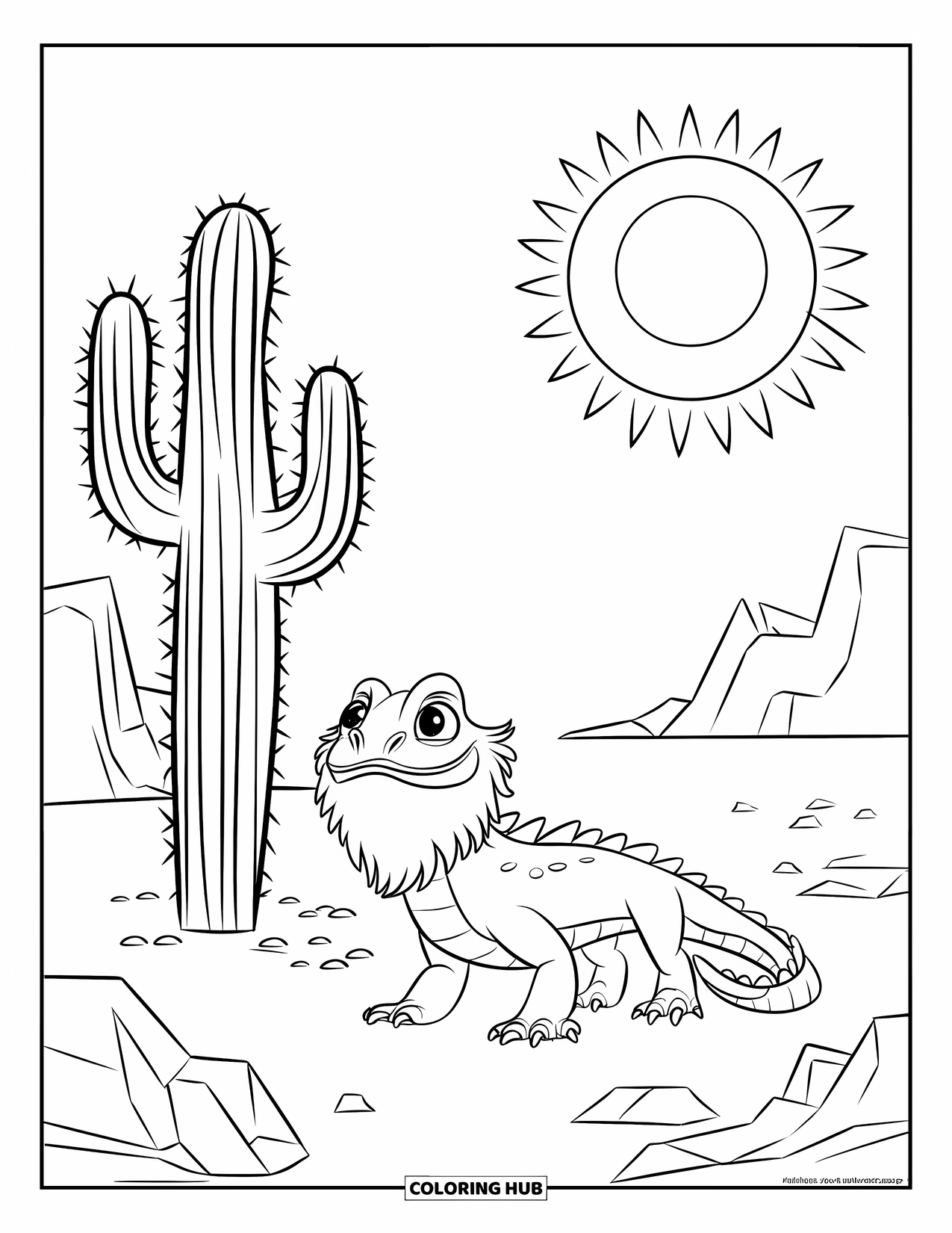 Bearded Dragon Coloring Page for Kids: A dragon stands beside a cactus in a desert with rocky ground