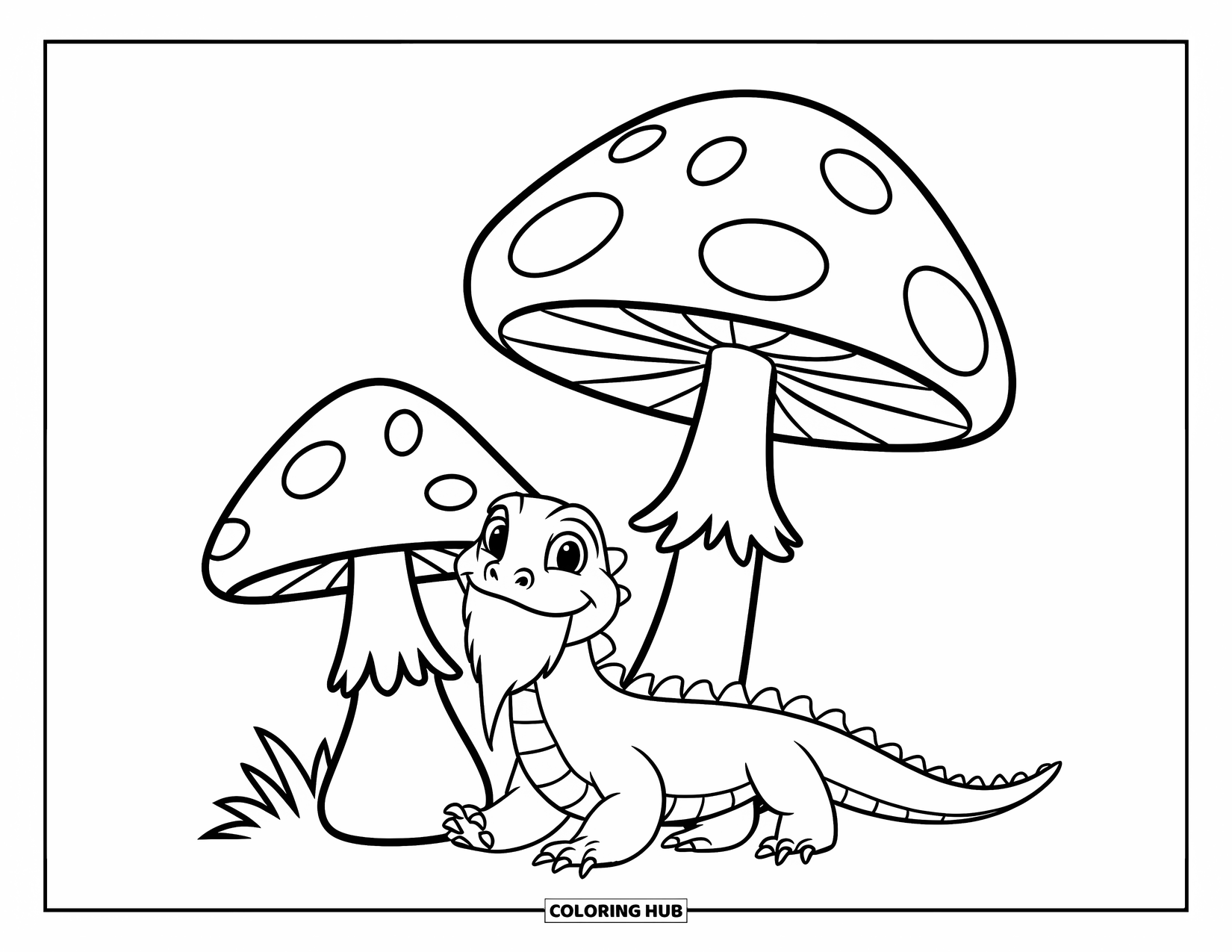 Bearded Dragon Coloring Page for Kids: A dragon strolls past a mushroom and tree with a happy expression