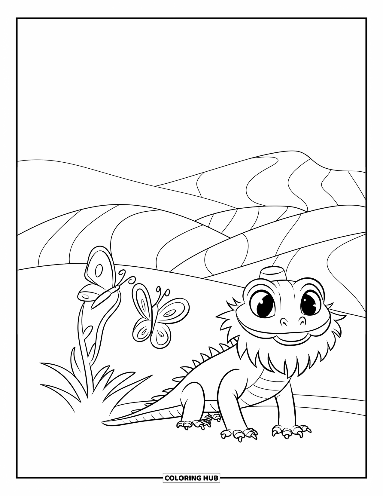 Bearded Dragon Coloring Page for Kids: A dragon with a hat smiles near a bush and butterflies under a blue sky