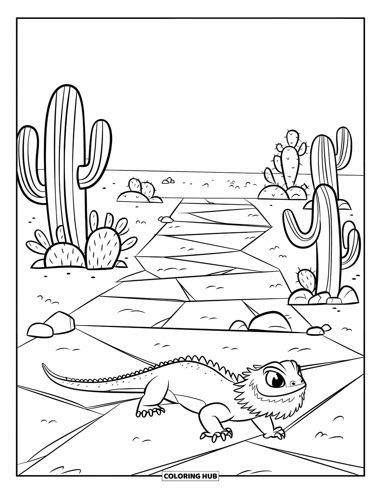 Bearded Dragon Coloring Page for Kids: A huge dragon moves across cracked earth toward a towering cactus forest