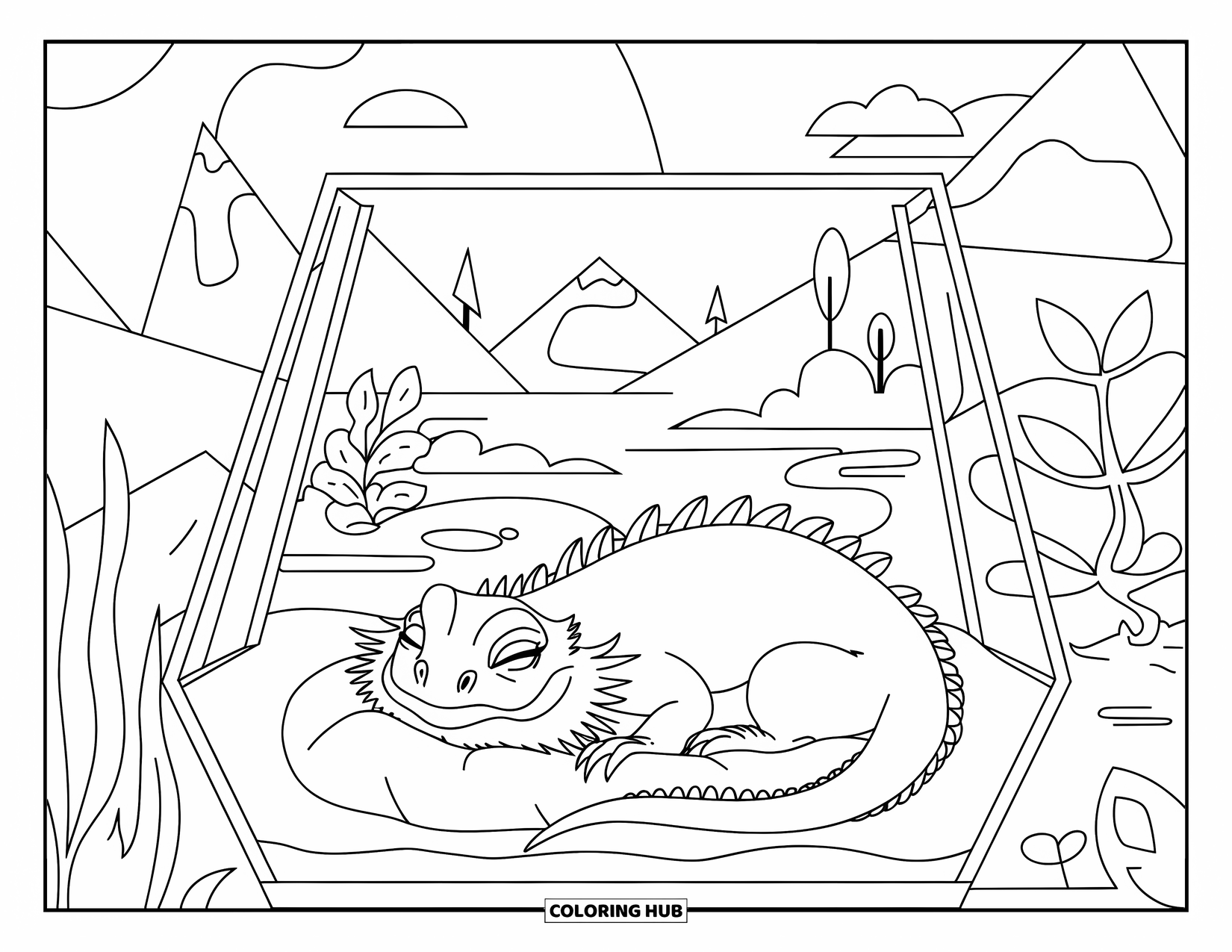 Bearded Dragon Coloring Page for Kids: A sleepy dragon naps on a pillow with a peaceful view outside