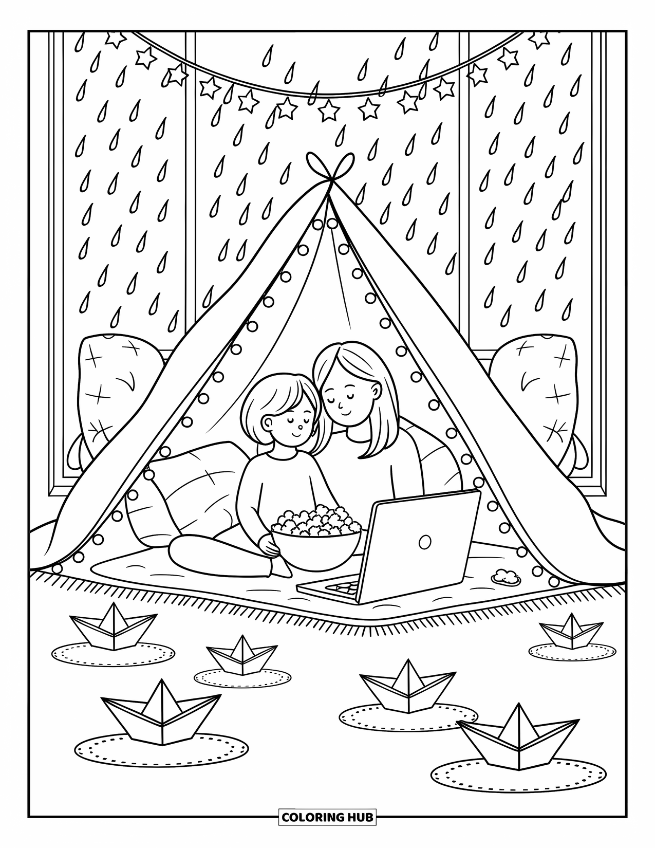 Best Mom Coloring Page for Adults: A blanket fort hides a sweet movie scene with raindrops outside and snacks inside