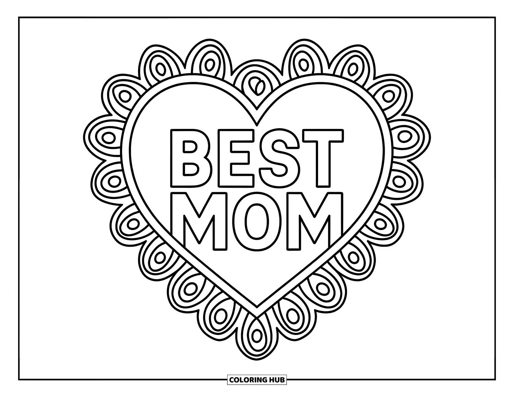 Best Mom Coloring Page for Adults: A bold heart with "Best Mom" sits inside a filigree paisley border
