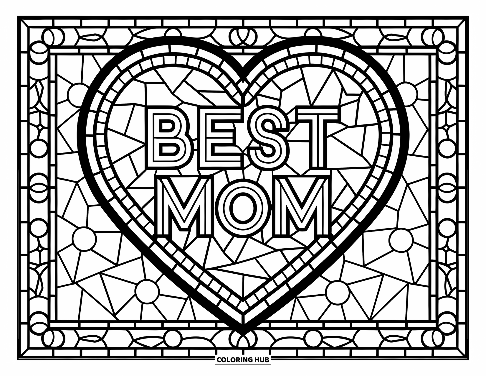 Best Mom Coloring Page for Adults: A heart mosaic says "Best Mom" with flowers and swirls all around