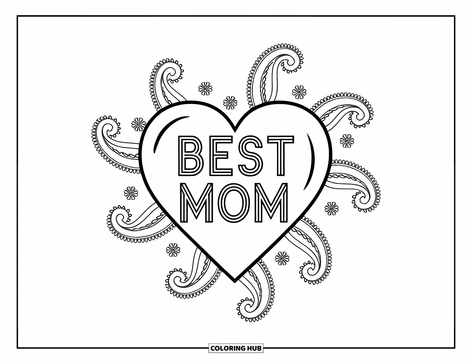 Best Mom Coloring Page for Adults: A heart with "Best Mom" glows inside delicate paisley patterns