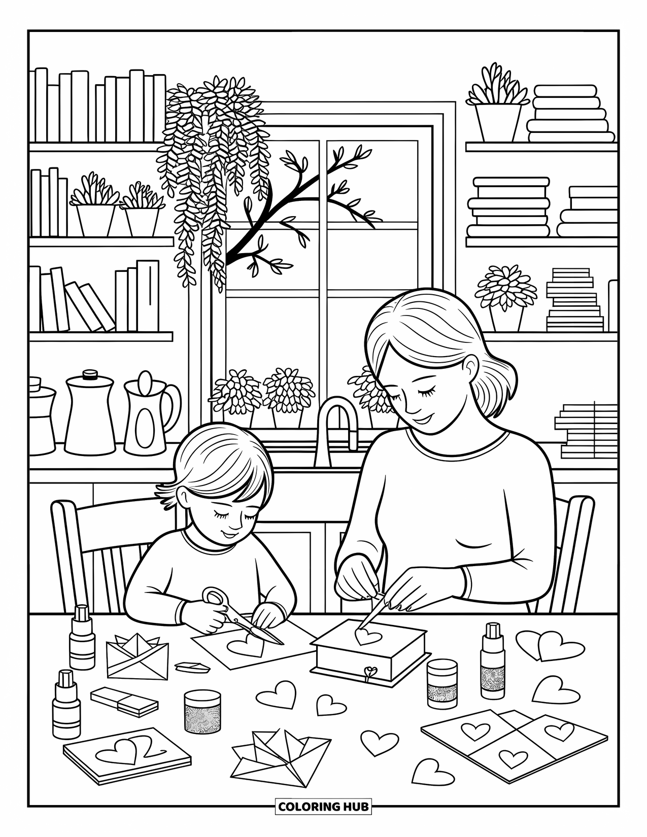 Best Mom Coloring Page for Adults: A mom and child craft together with scissors, ribbons, and colorful paper hearts
