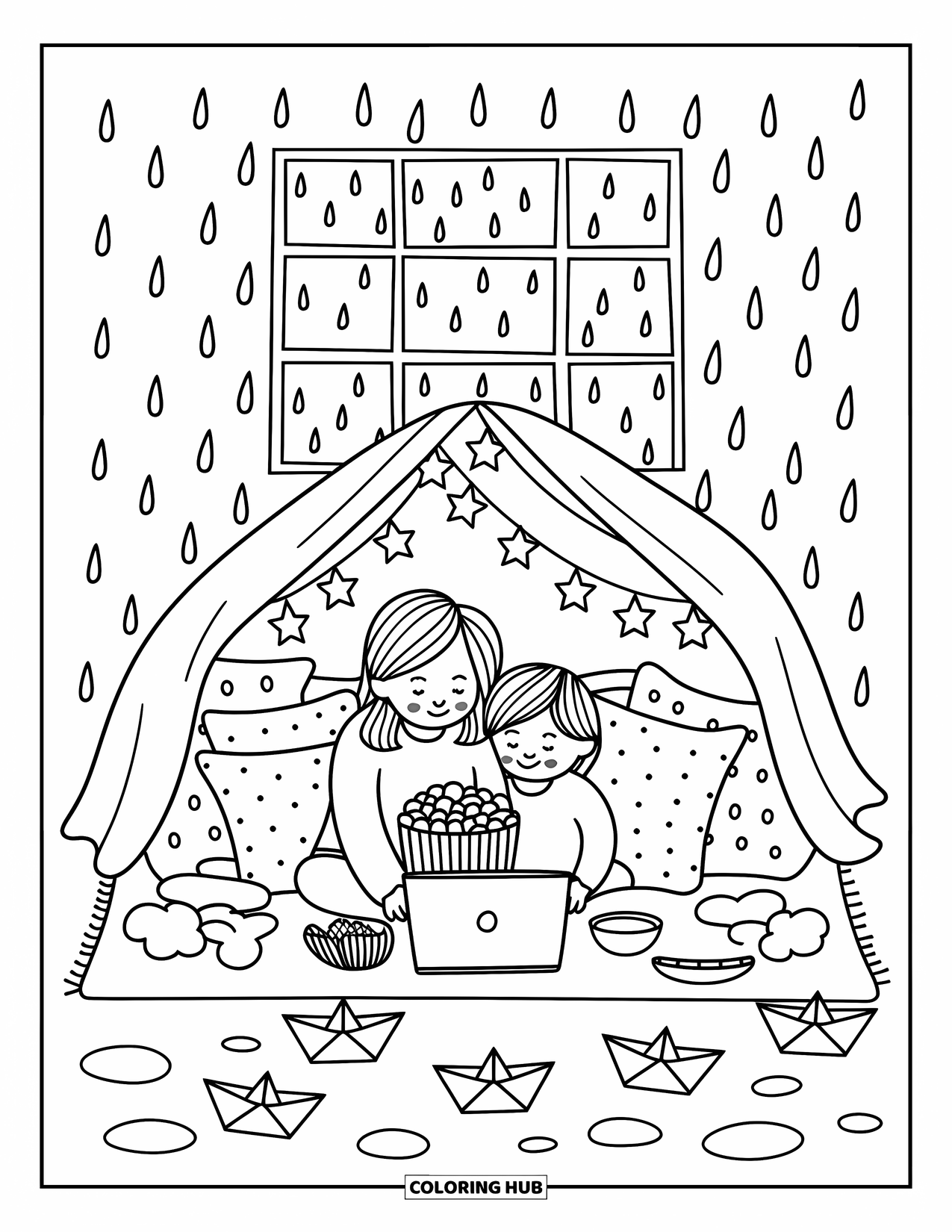 Best Mom Coloring Page for Adults: A mom and child watch a movie in a blanket fort on a rainy day