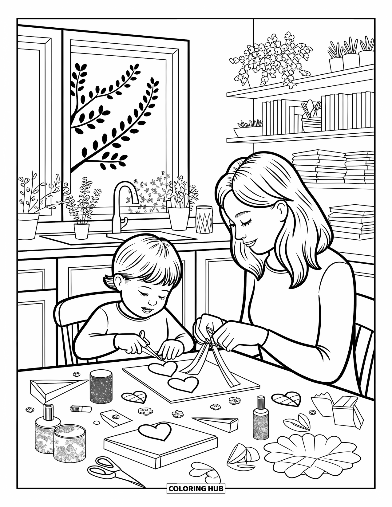 Best Mom Coloring Page for Adults: A mother and child create paper gifts together in a cozy, sunlit kitchen
