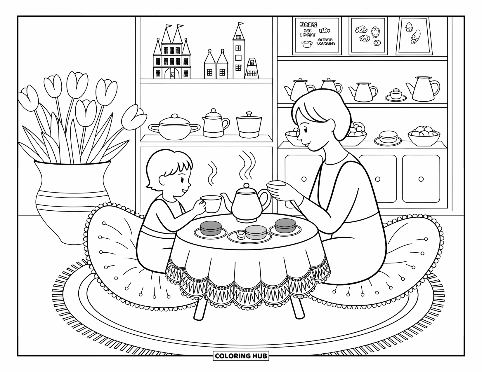 Best Mom Coloring Page for Adults: A mother and child enjoy a tea party with tiny treats and playful decorations