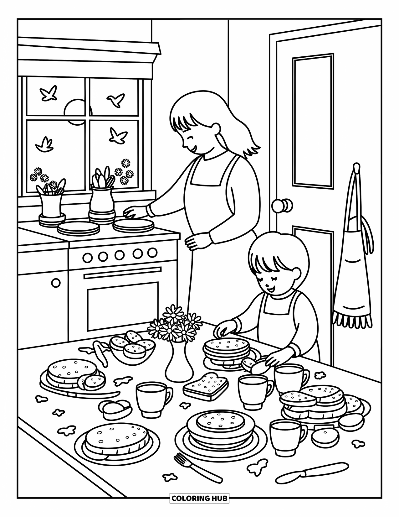 Best Mom Coloring Page for Adults: A mother flips pancakes while her child decorates breakfast plates with colorful fruit