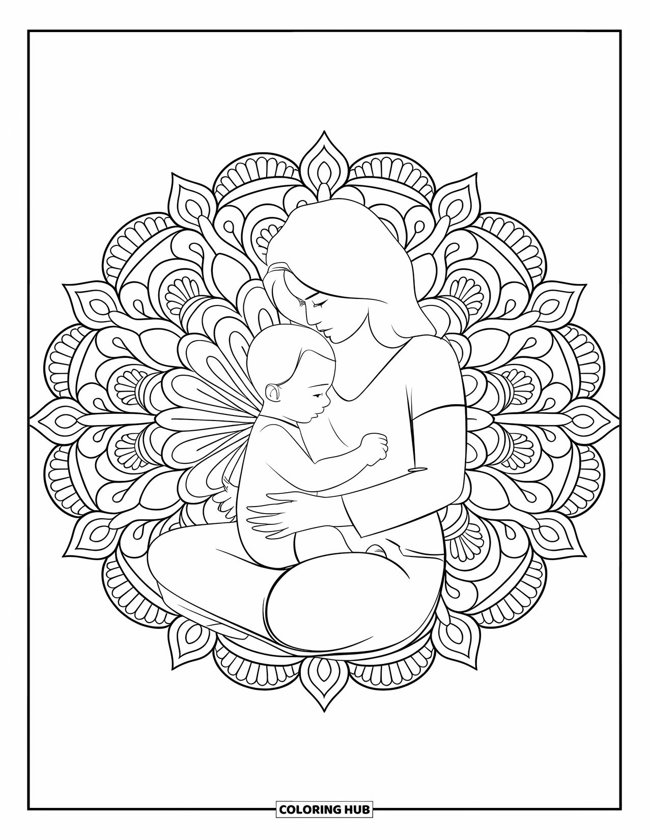 Best Mom Coloring Page for Adults: A peaceful moment of mom and child wrapped in a flower-filled mandala