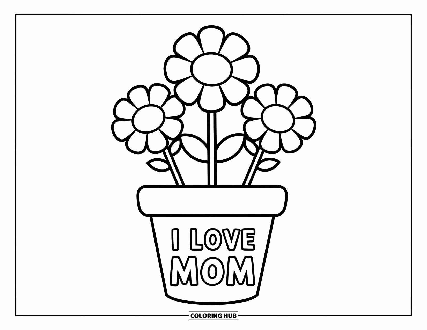 Best Mom Coloring Page for Kids: A big flower pot says "I Love Mom" with three giant cheerful flowers