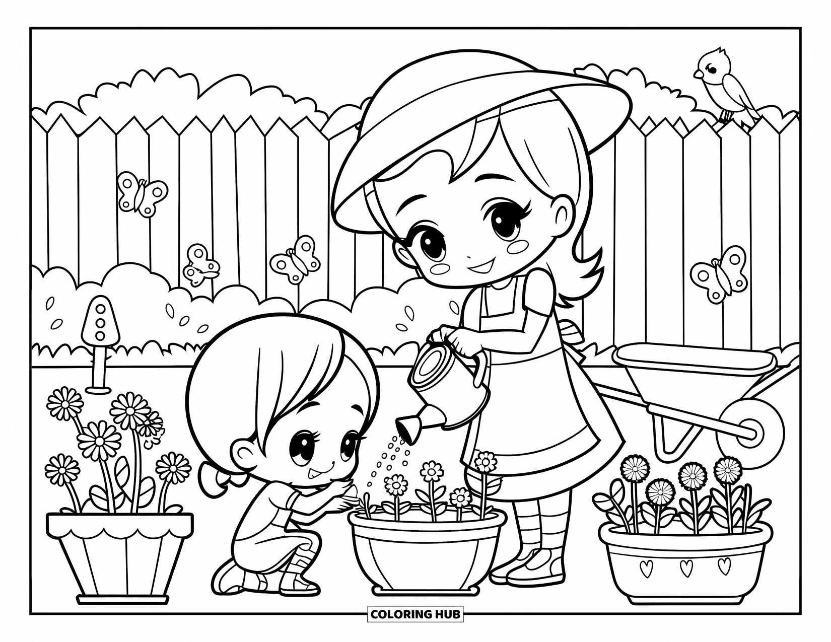 Best Mom Coloring Page for Kids: A child peeks at a seedling while mom helps water the garden