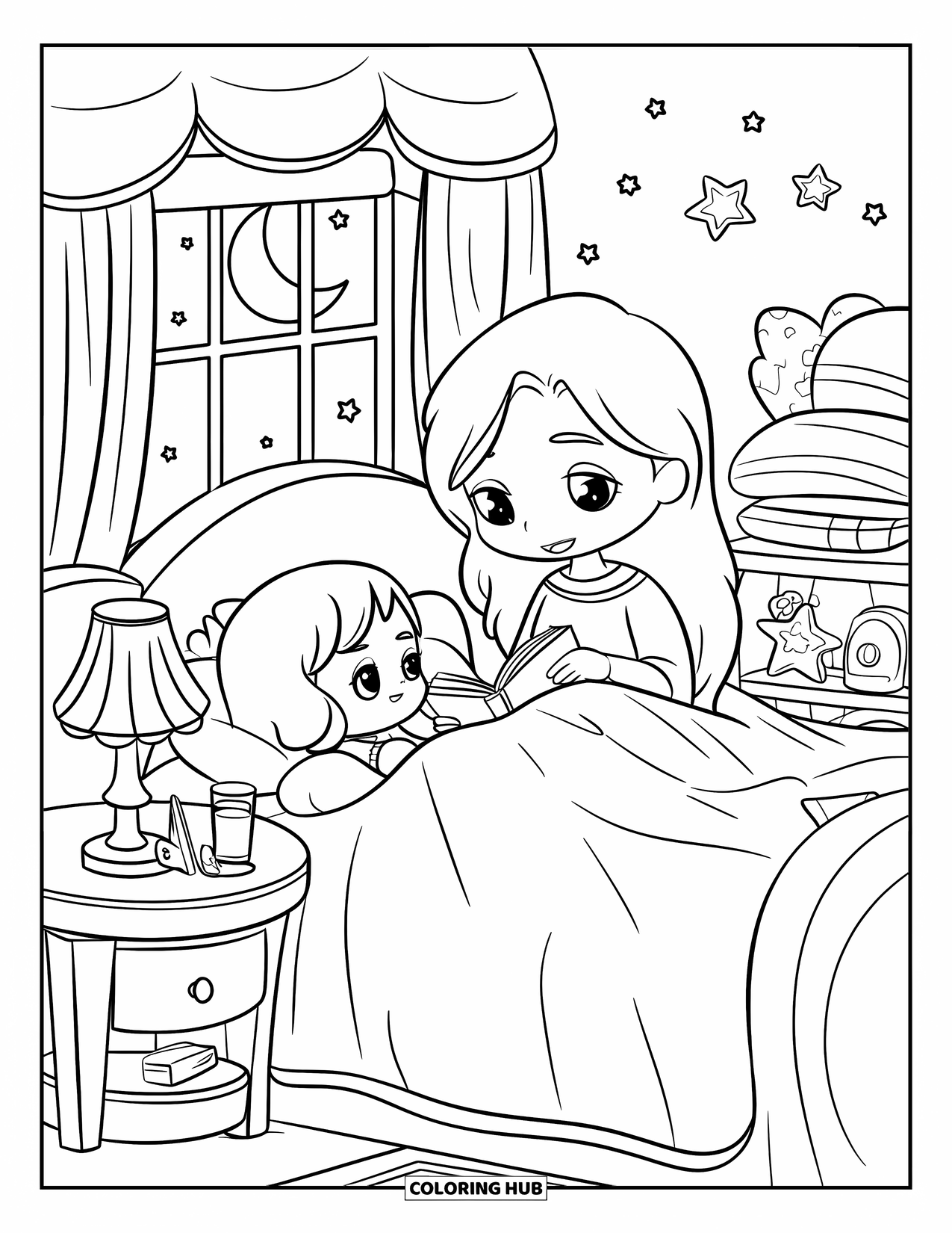 Best Mom Coloring Page for Kids: A cozy storytime scene with mom, child, and a glowing lamp