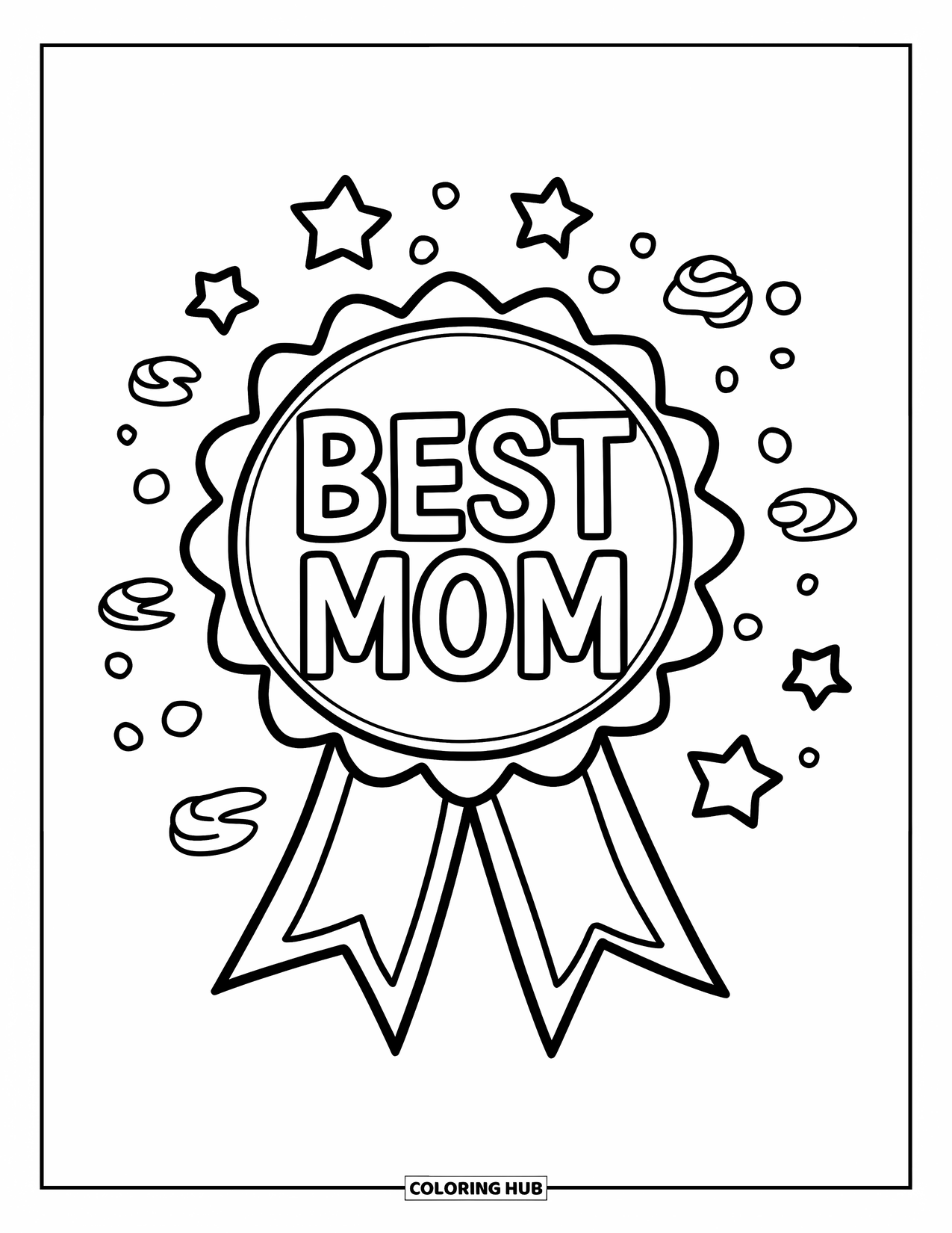 Best Mom Coloring Page for Kids: A fun ribbon badge with "Best Mom" is surrounded by playful stars and curls
