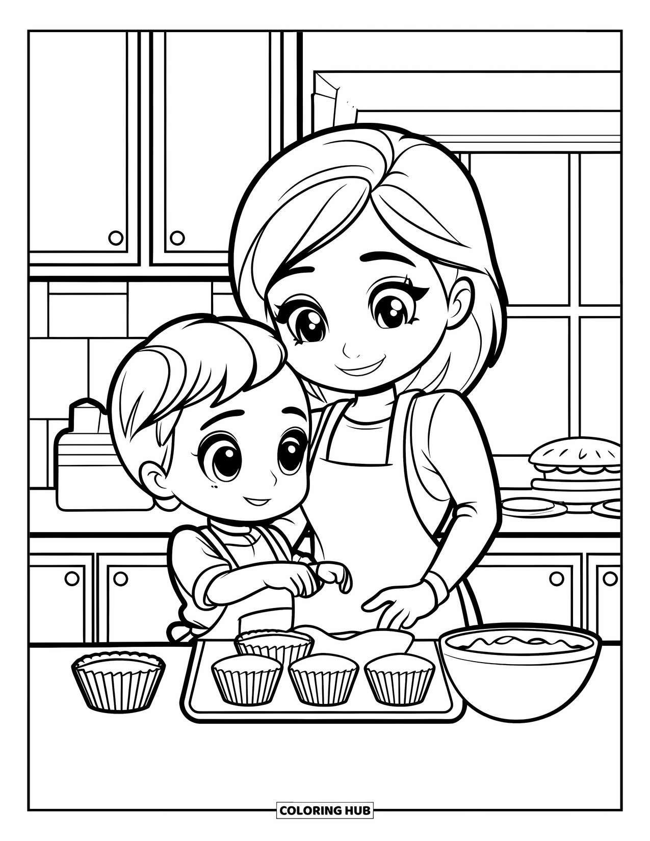 Best Mom Coloring Page for Kids: A joyful cupcake baking scene with mom, child, and sprinkles flying