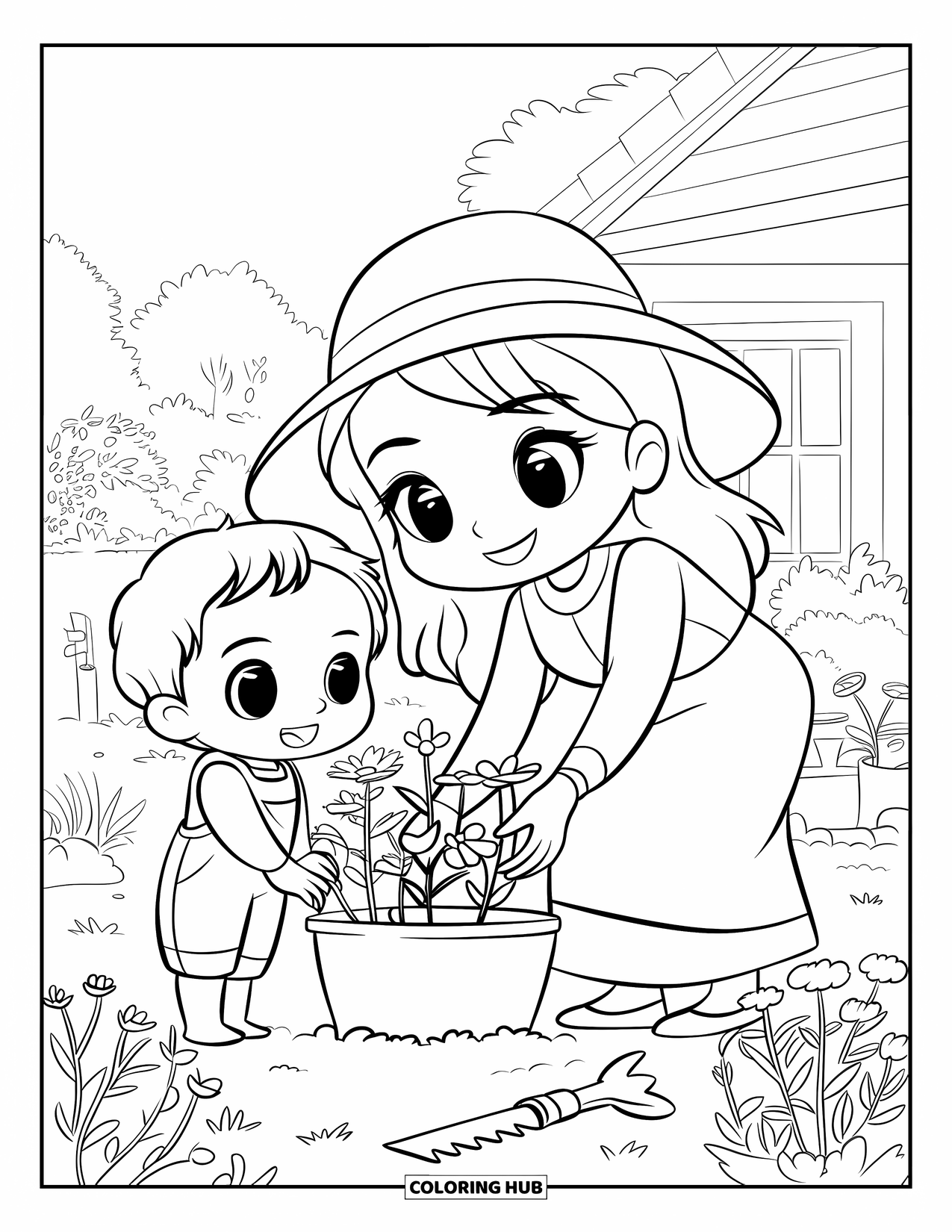 Best Mom Coloring Page for Kids: A joyful garden scene with mom and child planting blooms near their home