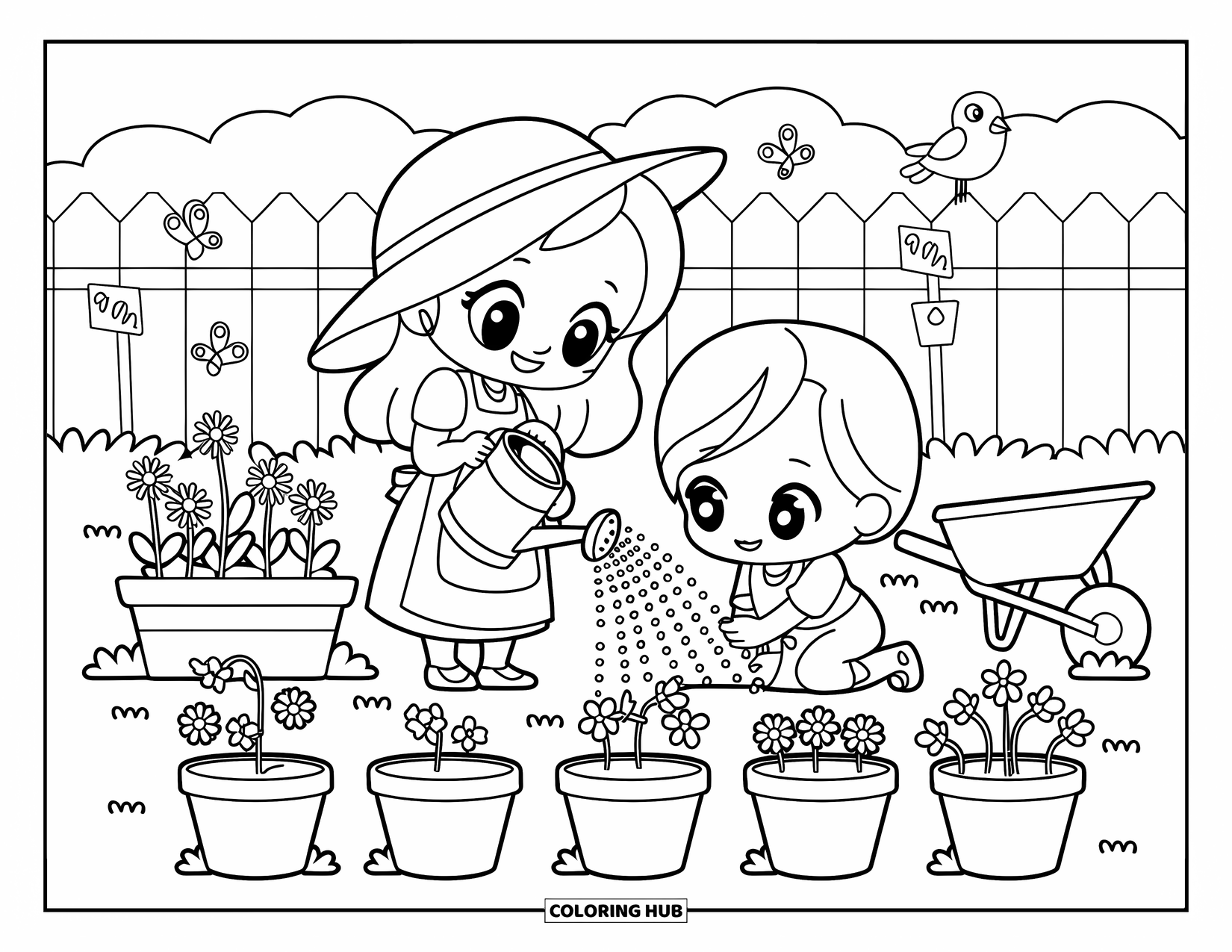 Best Mom Coloring Page for Kids: A mom and child water flowers together in a cheerful backyard garden