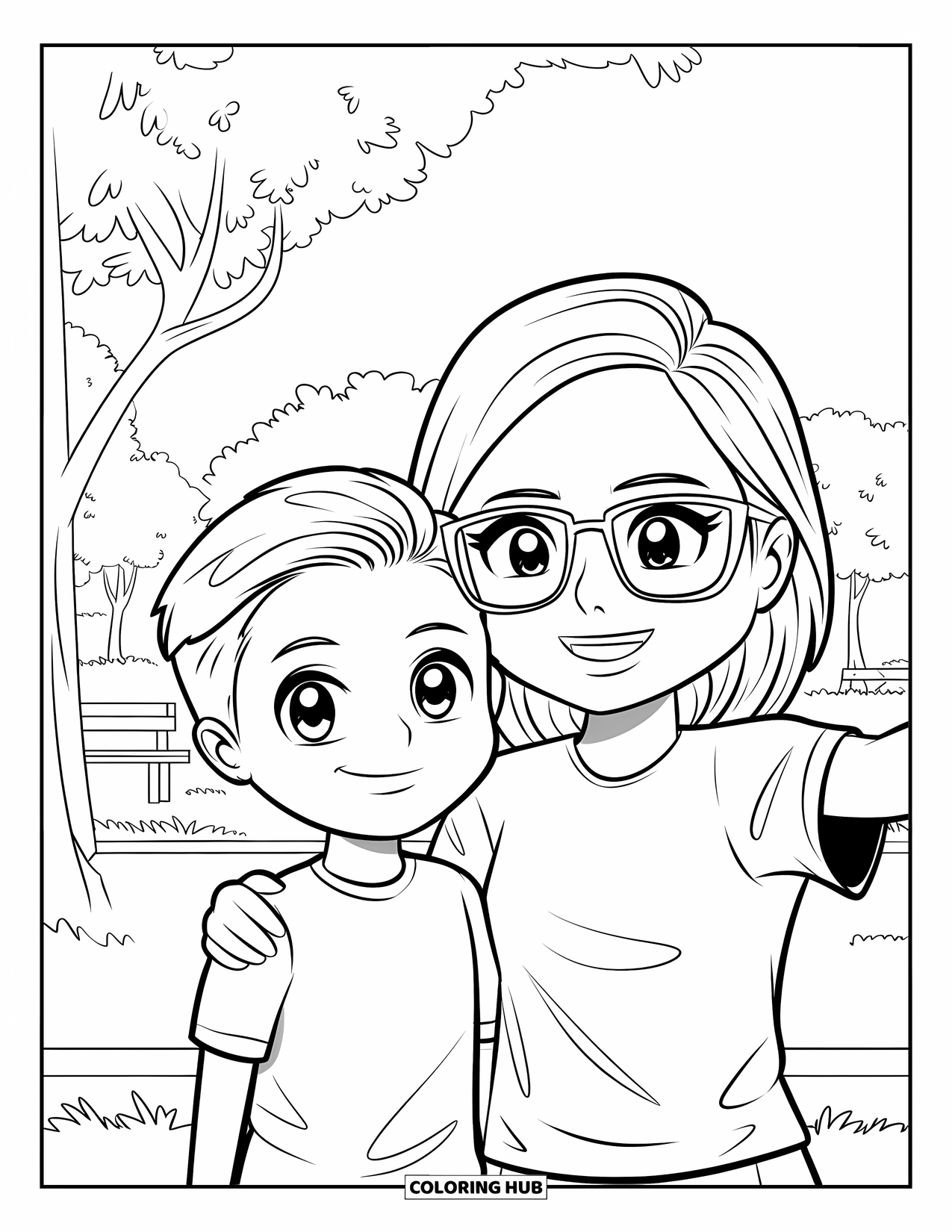 Best Mom Coloring Page for Kids: A mom and teen snap a selfie in a sunny park with trees and benches