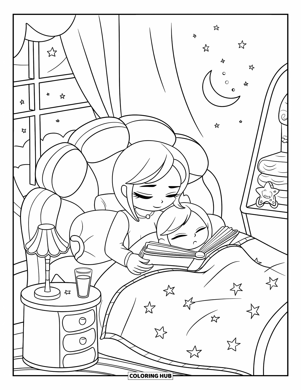 Best Mom Coloring Page for Kids: A quiet night with mom reading to a sleepy child by lamplight