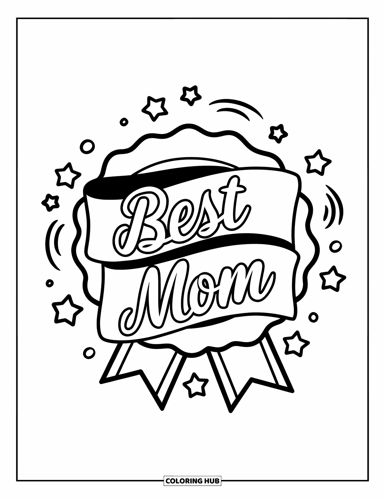 Best Mom Coloring Page for Kids: A ribbon badge reads "Best Mom" with swirls and stars floating all around