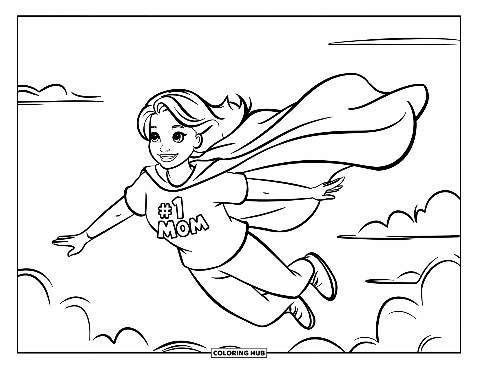 Best Mom Coloring Page for Kids: A superhero mom flies through clouds wearing a cape and bold smile