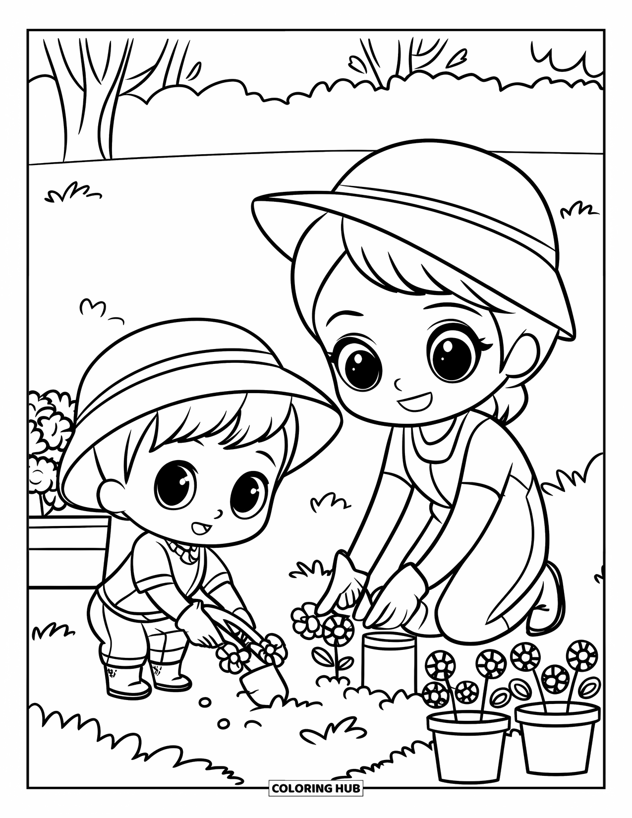 Best Mom Coloring Page for Kids: A sweet garden moment with mom and child planting together in the sun