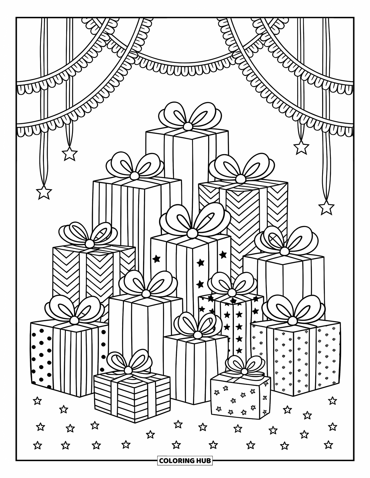 Birthday Party Coloring Page for Adults: A mountain of birthday presents sits before a festive backdrop with ribbons and soft carpet