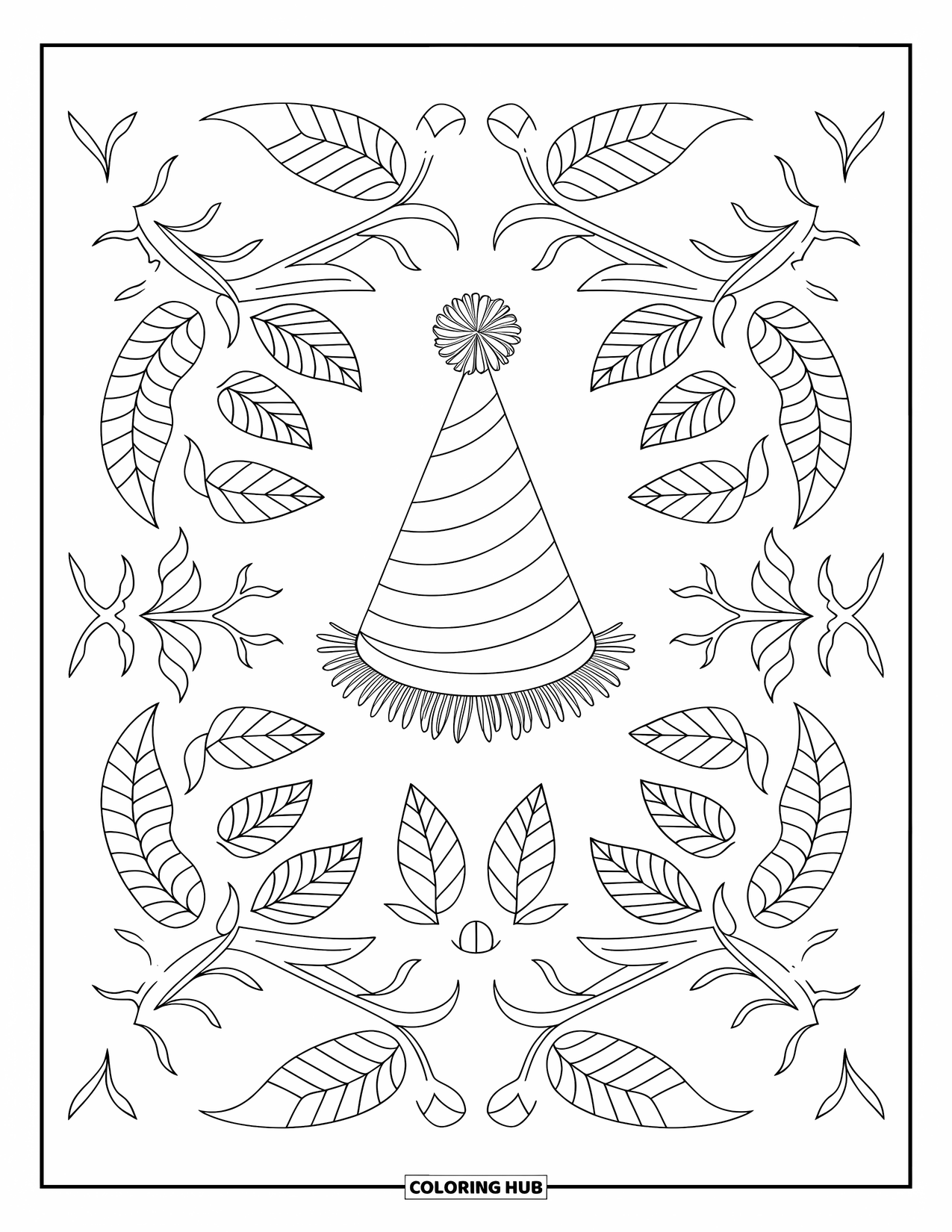 Birthday Party Coloring Page for Adults: A party hat with a pom-pom is framed by leaves and vines