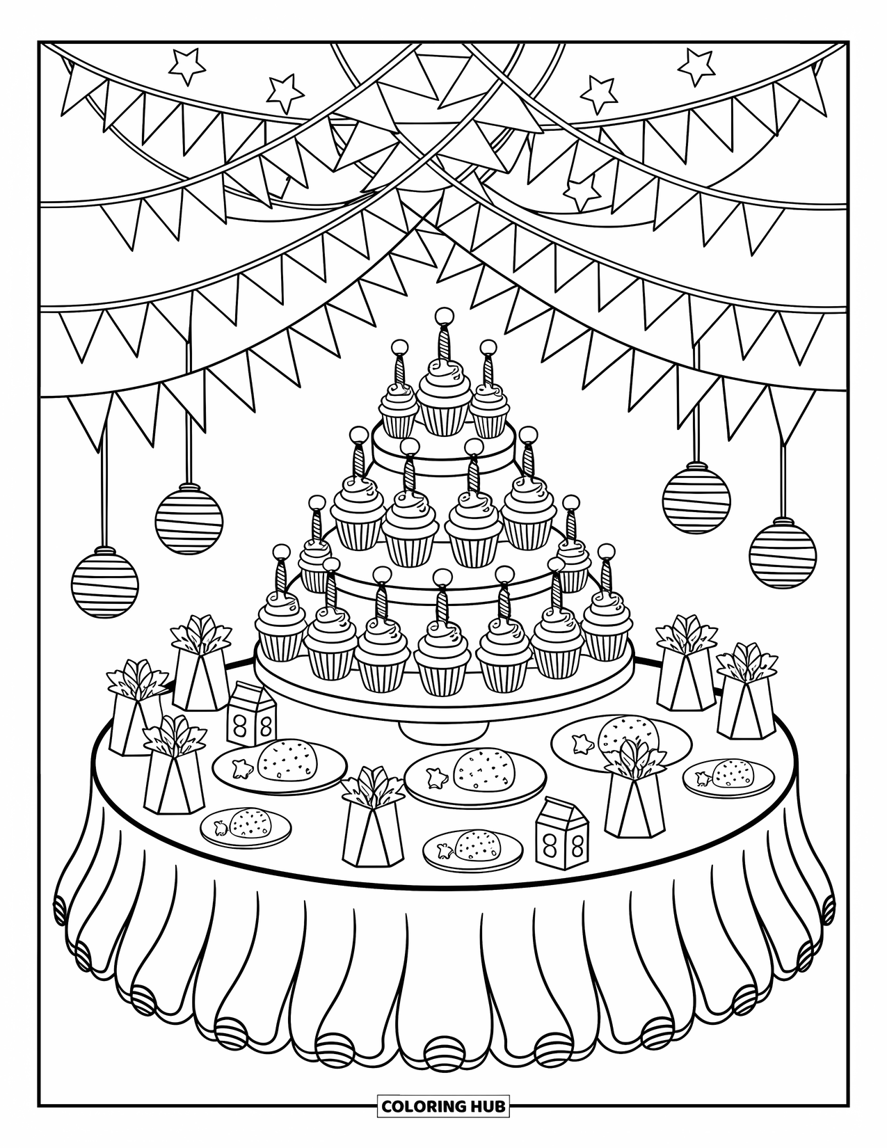Birthday Party Coloring Page for Adults: A round table overflows with cupcakes, juice boxes, cookies, and birthday gifts