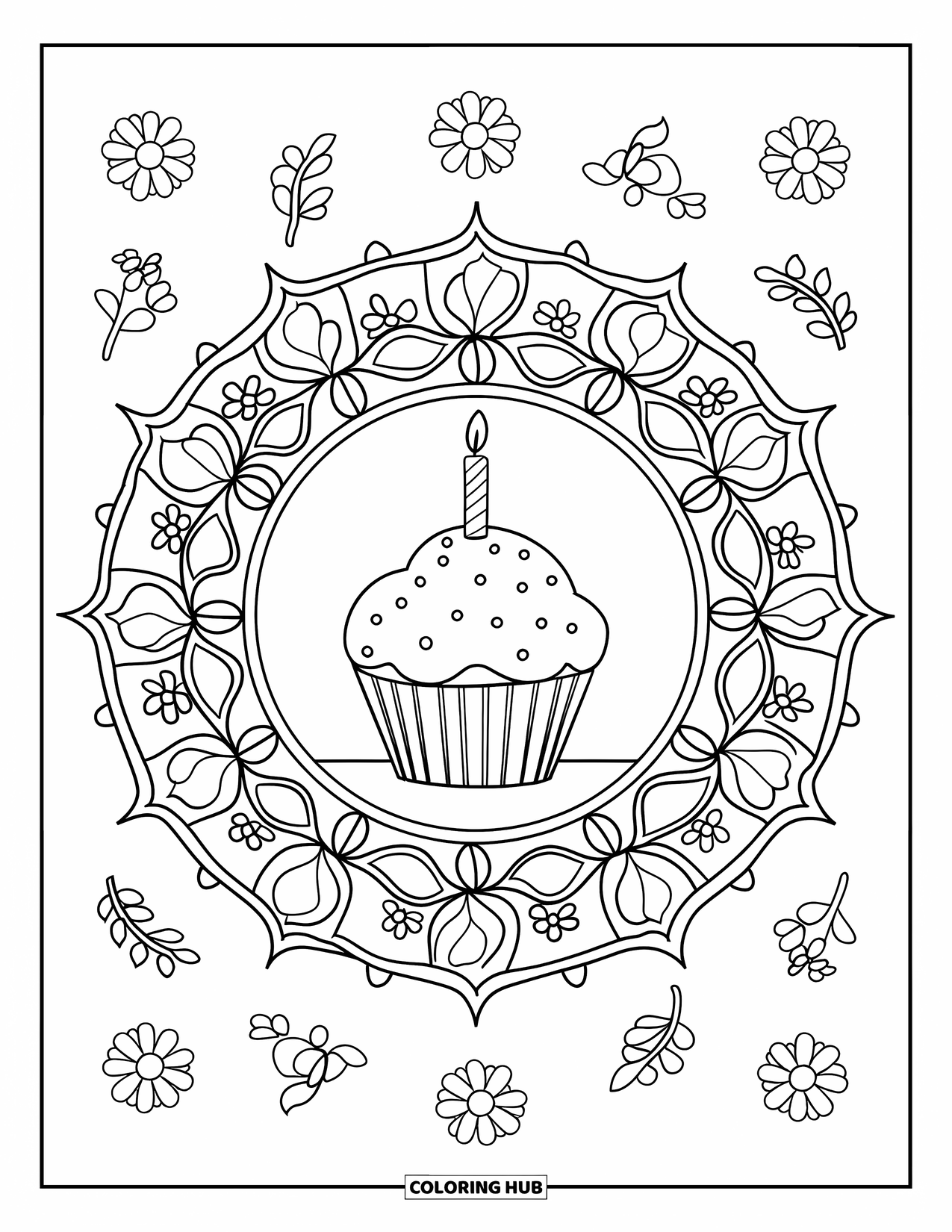 Birthday Party Coloring Page for Adults: A sweet cupcake and candle rest in a leafy, flowery mandala
