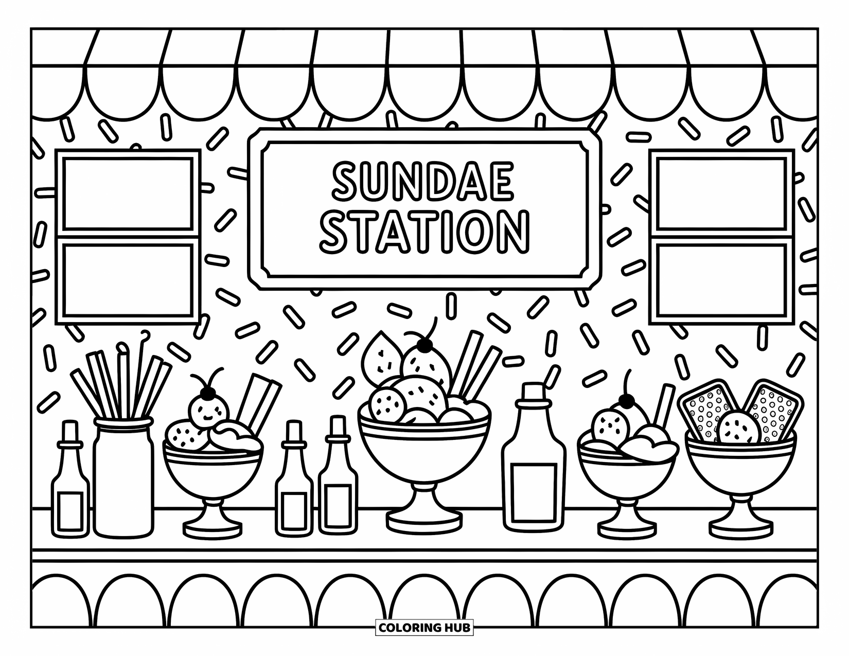 Birthday Party Coloring Page for Adults: Bowls of toppings and soft-serve cones sit under a cute canopy at the Sundae Station