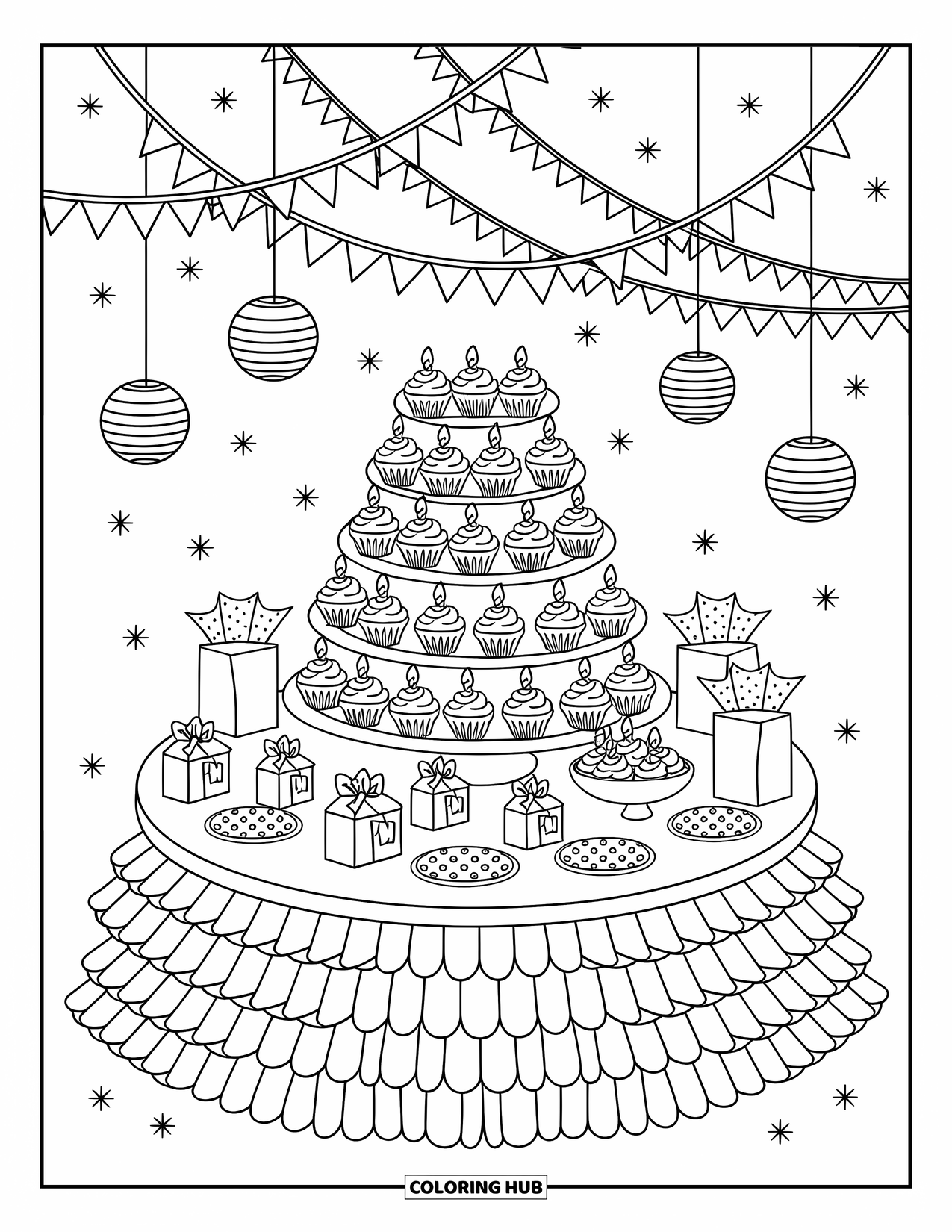 Birthday Party Coloring Page for Adults: Cupcakes and party treats fill a birthday table, decorated with flags and streamers overhead