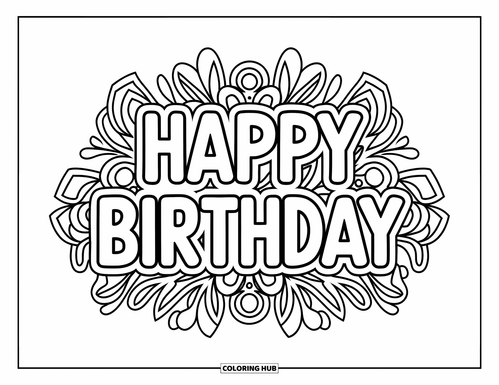 Birthday Party Coloring Page for Adults: "Happy Birthday" is surrounded by pretty floral mandala patterns
