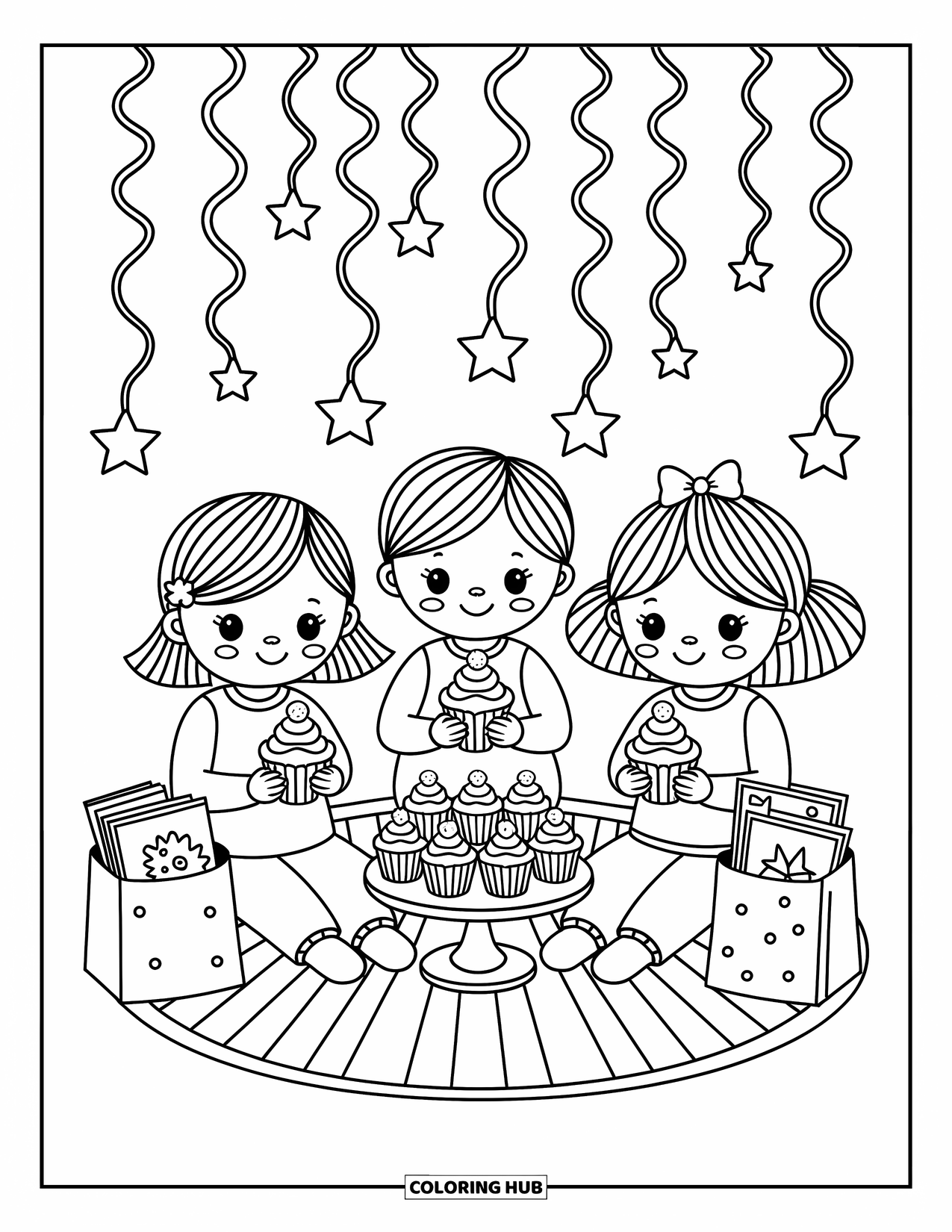 Birthday Party Coloring Page for Adults: Kids enjoy cupcakes and party bags under falling stars and looping streamers in a cozy scene