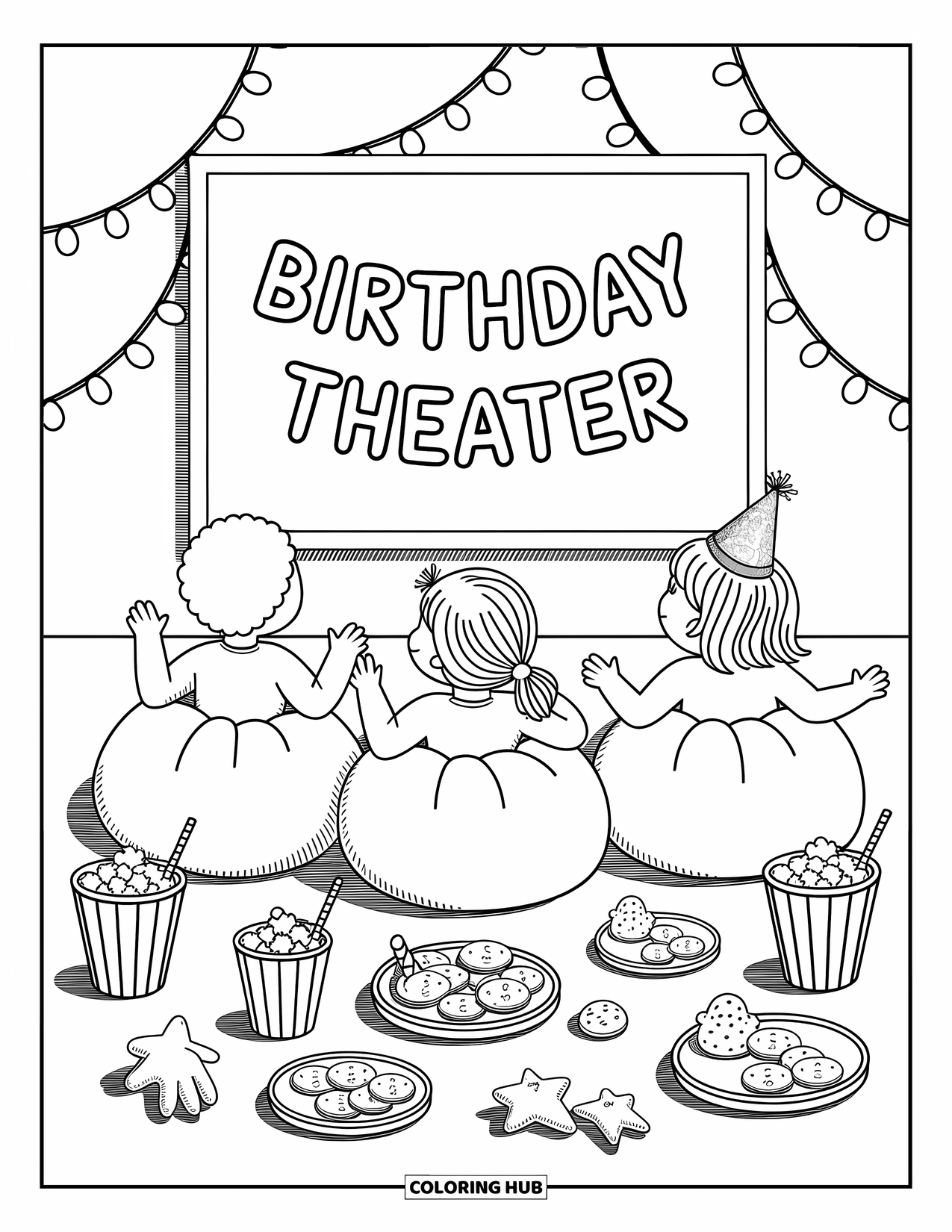 Birthday Party Coloring Page for Adults: Snuggled on cushions, kids enjoy a birthday movie with treats, lights, and a cute banner