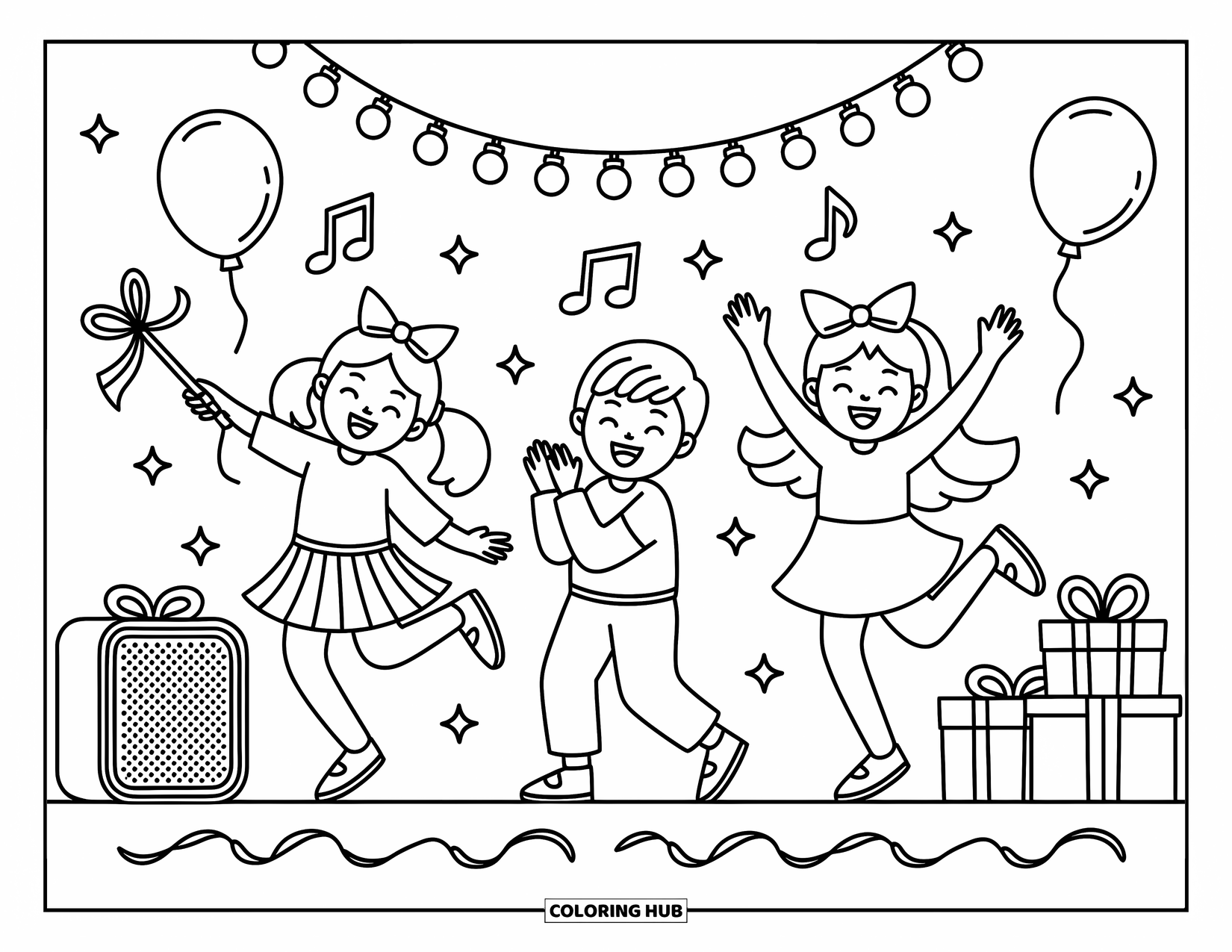 Birthday Party Coloring Page for Adults: Three happy kids twirl and clap beneath glowing lanterns, surrounded by gifts and confetti