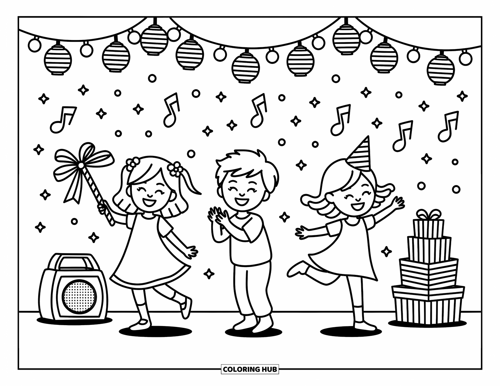 Birthday Party Coloring Page for Adults: Two girls and a boy dance playfully with music, lights, ribbons, and party decorations